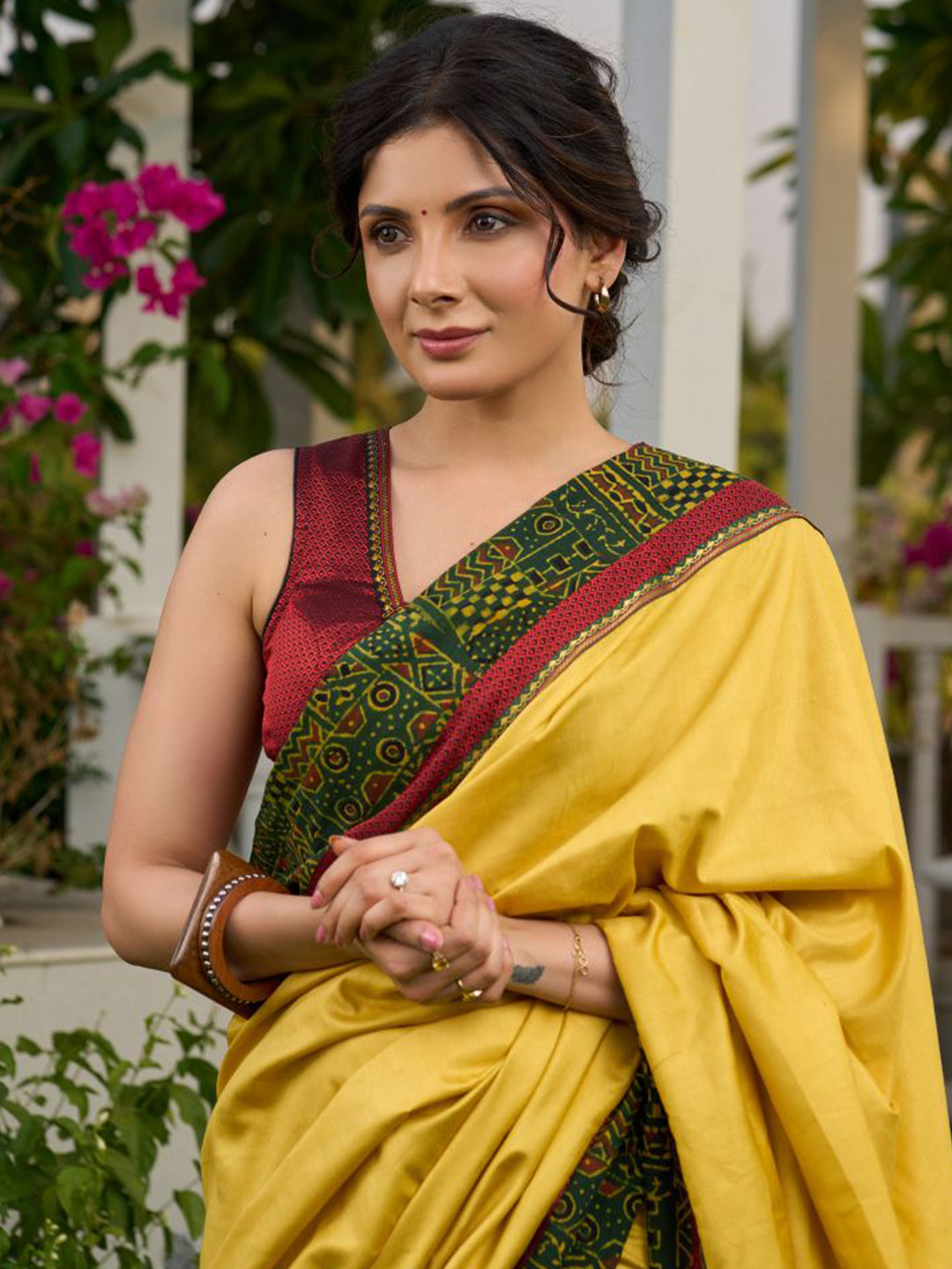 SUJATRA Ajrakh Hand Block Printed Border Saree