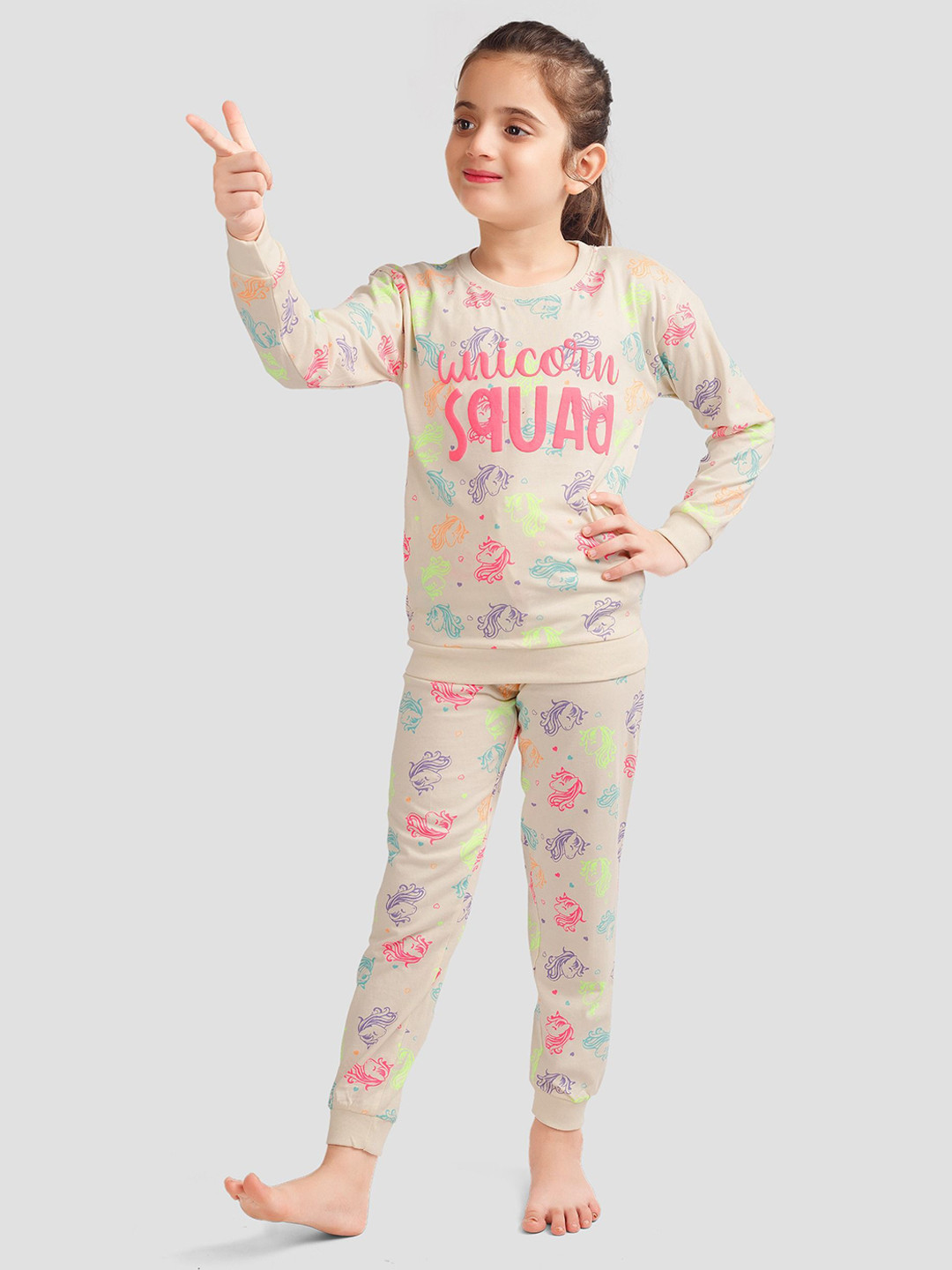 PLUM TREE Girls Unicorn Printed Round Neck Long Sleeves Pure Cotton T-shirt & Joggers