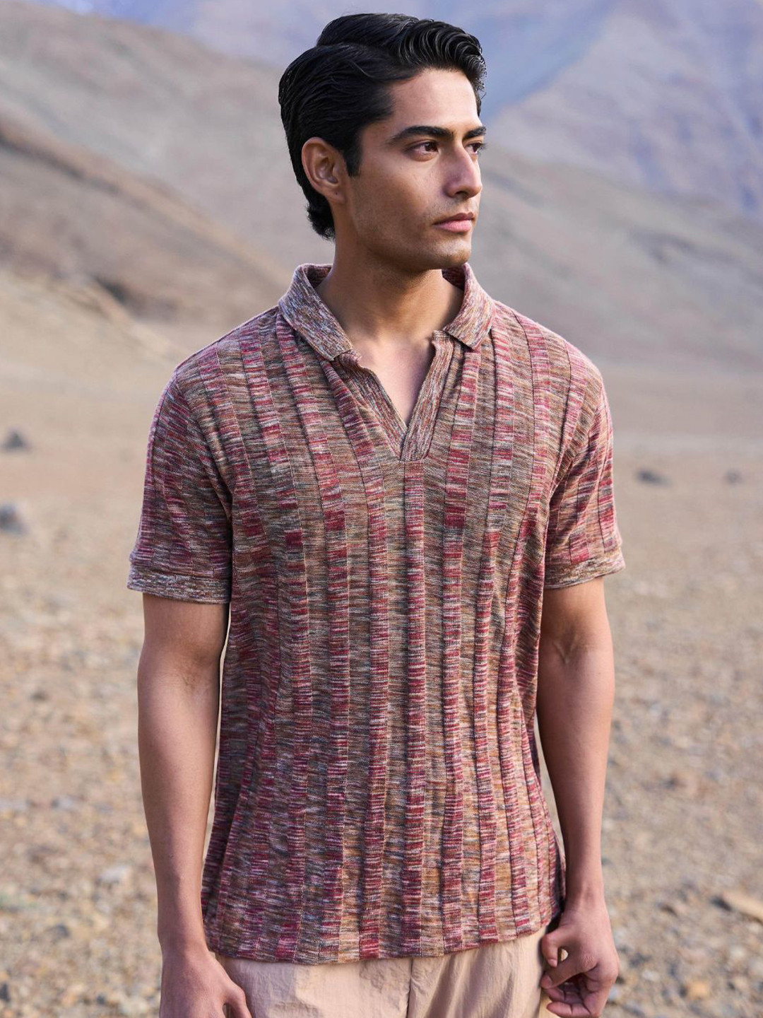 Dash and Dot Striped Polo Collar Relaxed Fit T-shirt