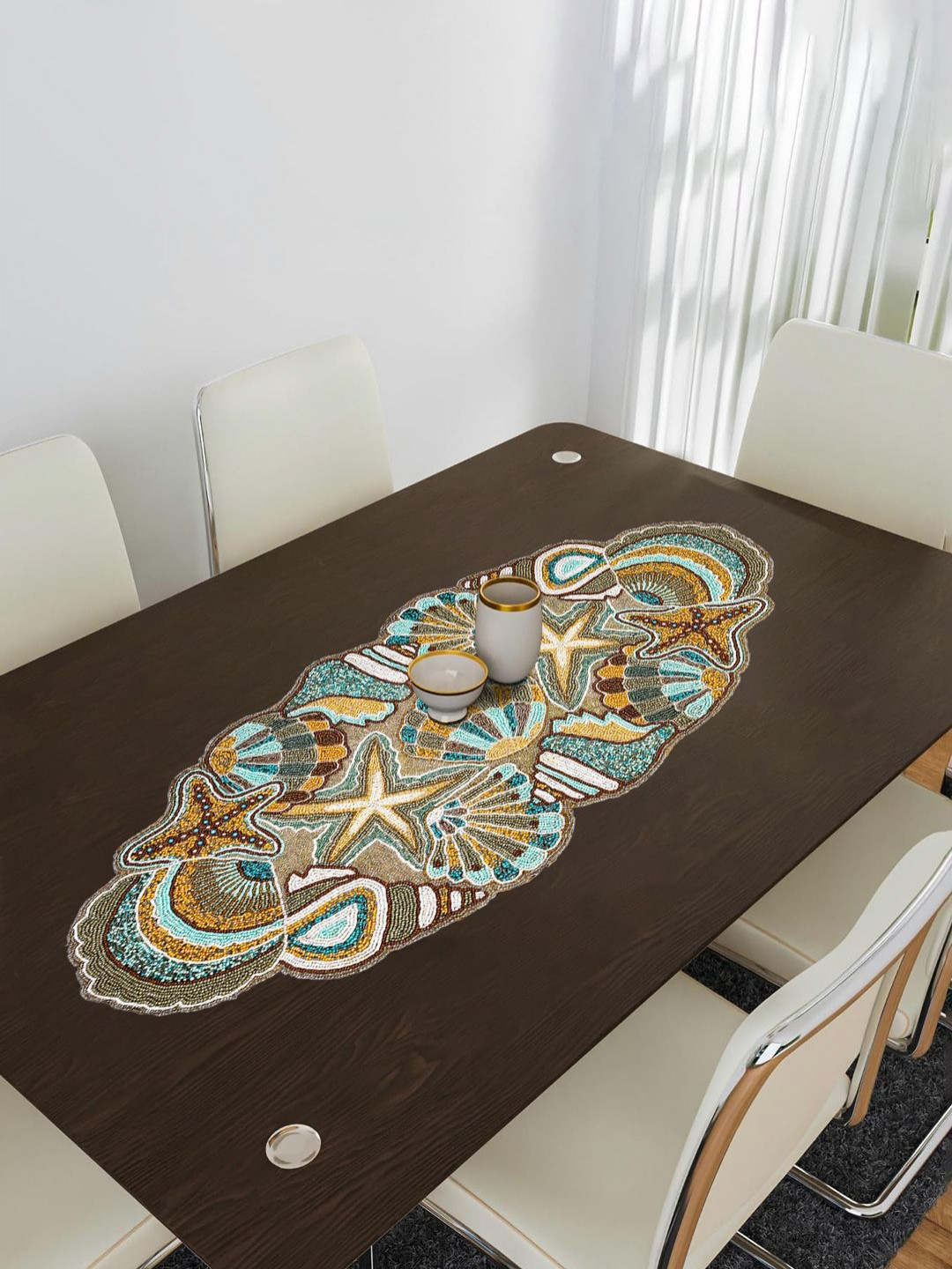 YWULY Brown & Turquoise Blue Glass Beaded Table Runner