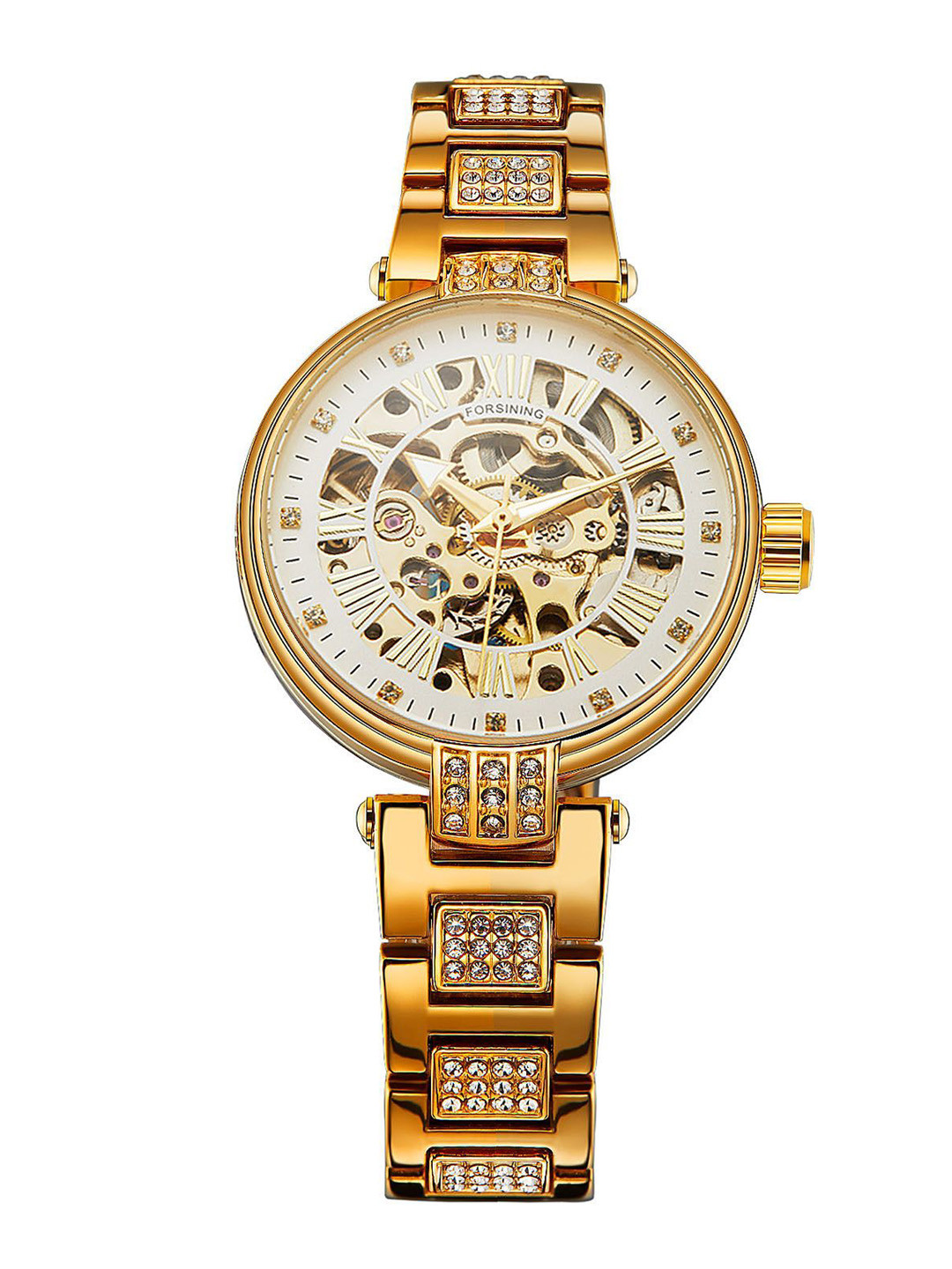 FORSINING Women Automatic Movement Analog Skeleton Dial Watch with Stainless Steel Strap