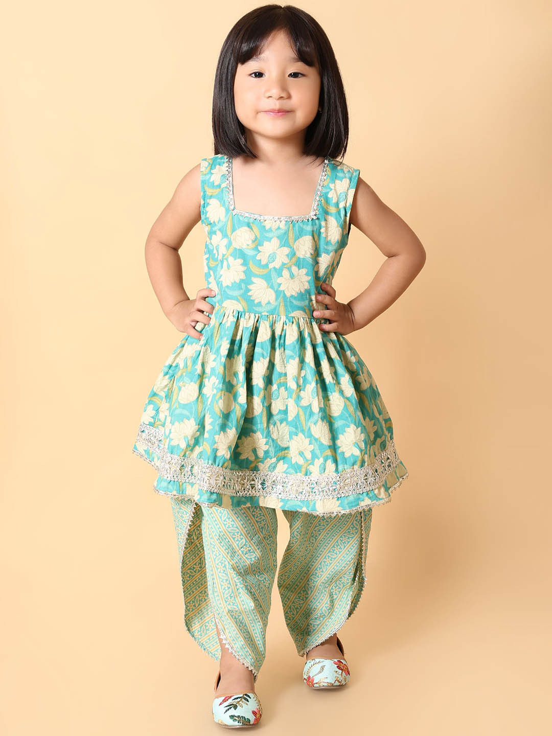 BEBE UNICORN Girls Floral Printed Square Neck Zari Pure Cotton Kurta & Dhoti Pants