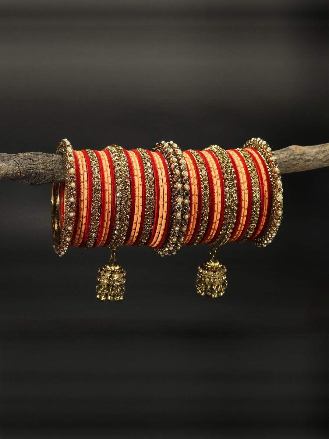 Amika Women Set Of 42 Peach And Red Jhumka Latkan Bangles