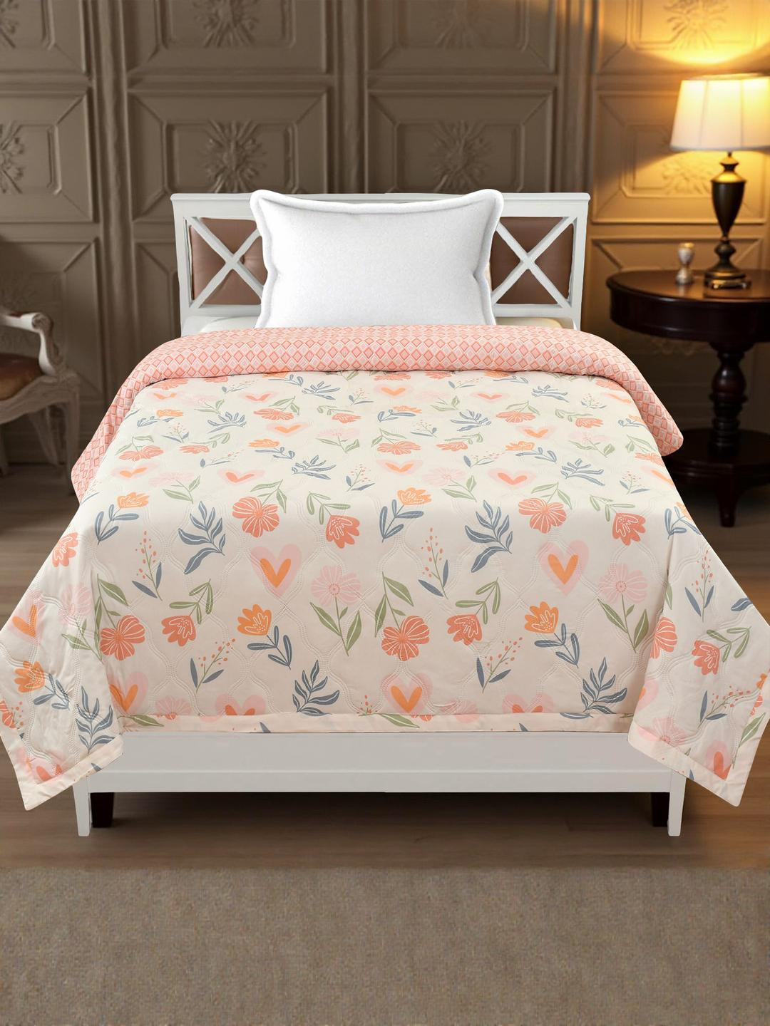 IVAZA Yellow & Peach-Coloured Floral Microfiber AC Room 120 GSM Single Bed Comforter