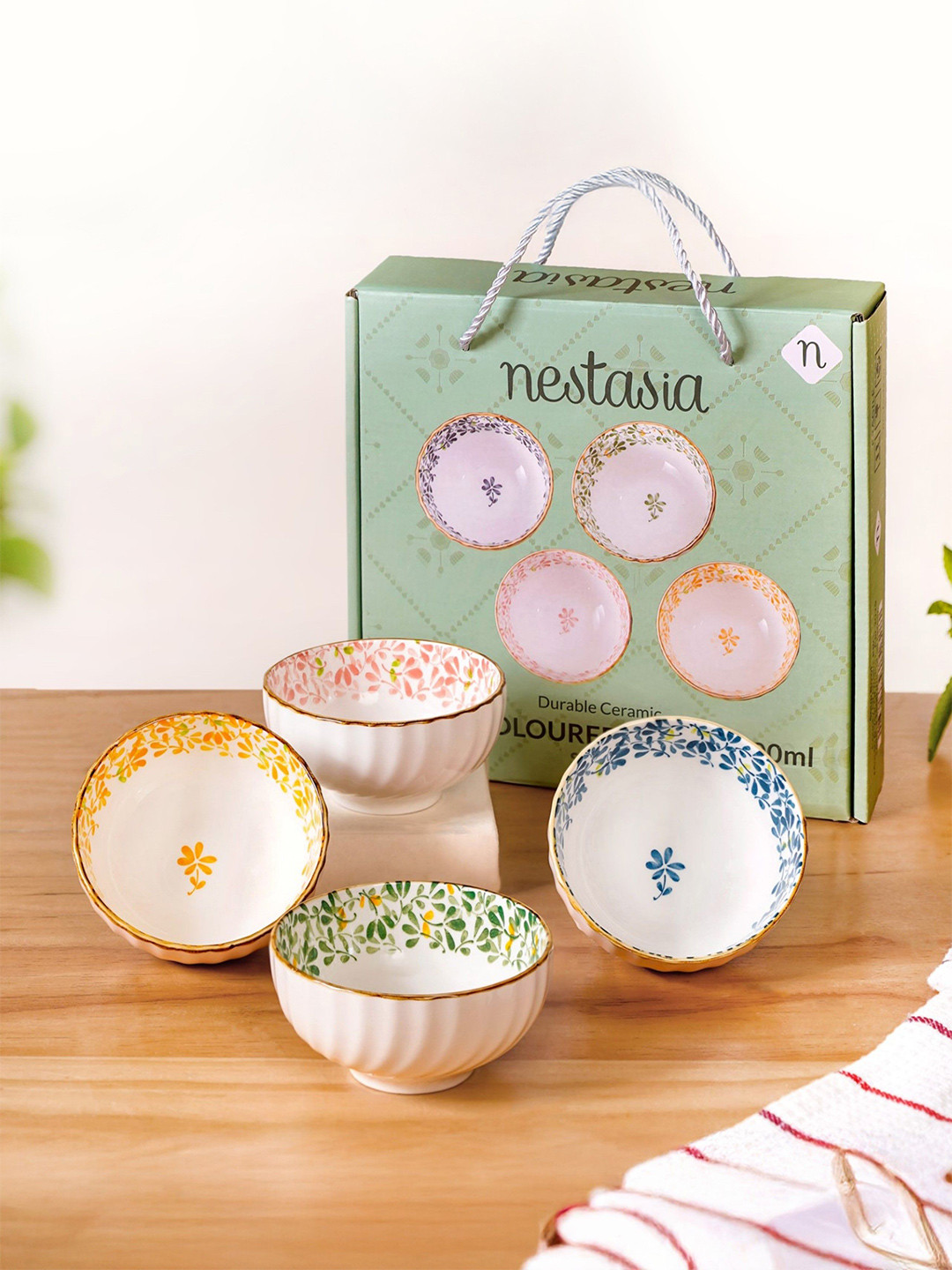 Nestasia White & Yellow 4 Pieces Simply Floral Ceramic Bowls-300ml Each