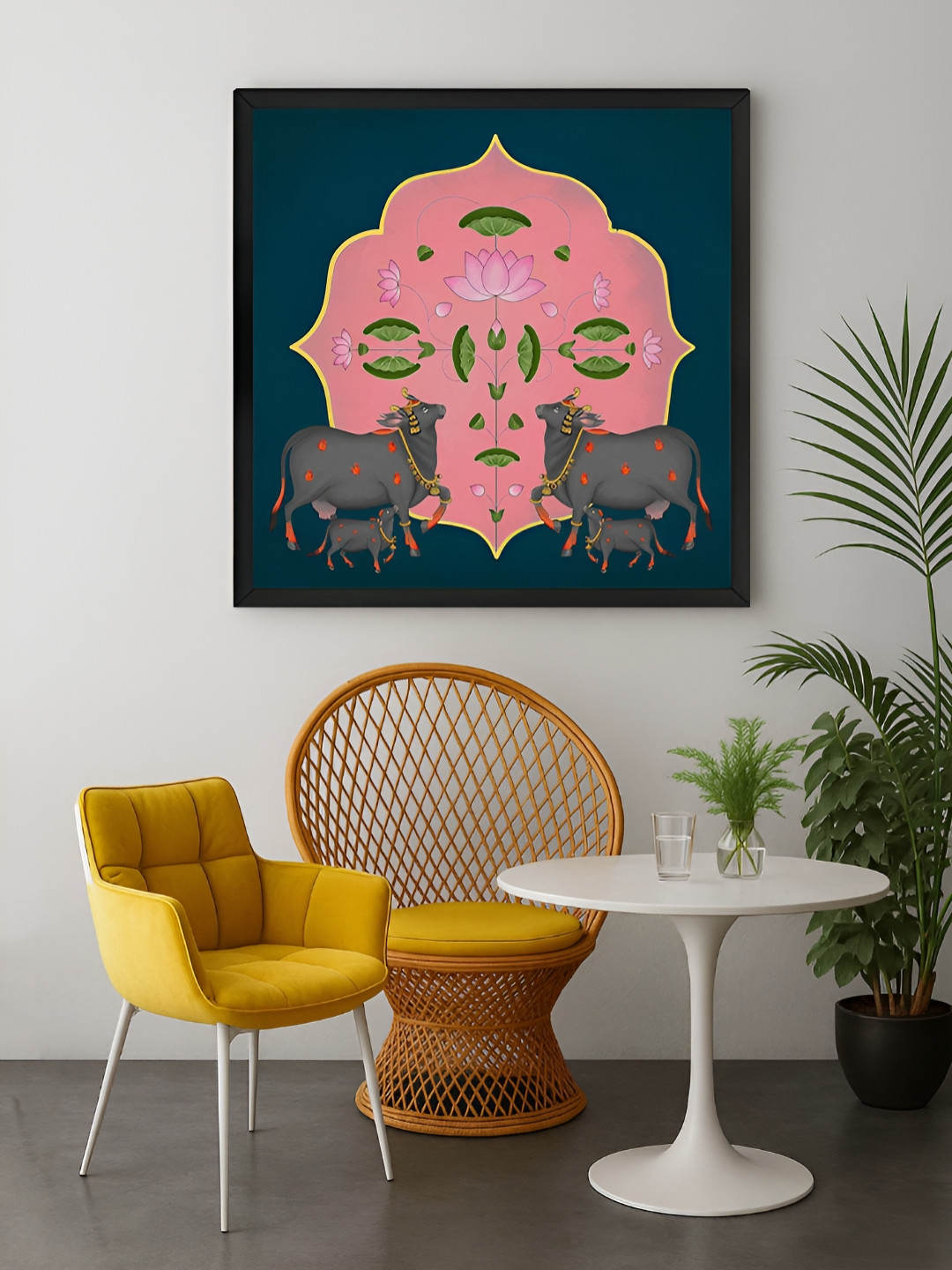 999Store Pink & Black Symmetrical Cow & Lotus Flower Religious Canvas Wall Art