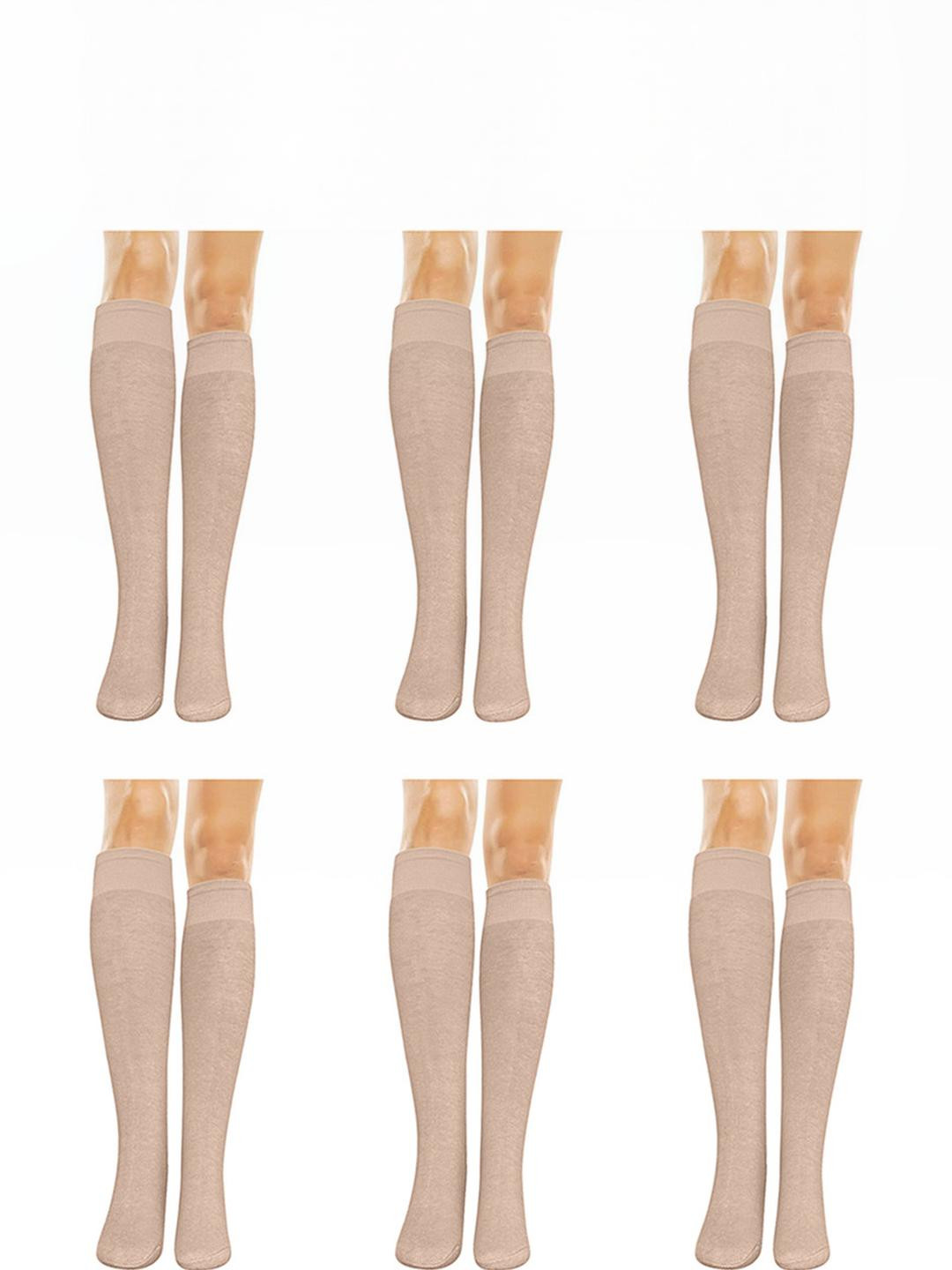 MUKHAKSH Girls 6 Pairs Beige Knee Length Socks