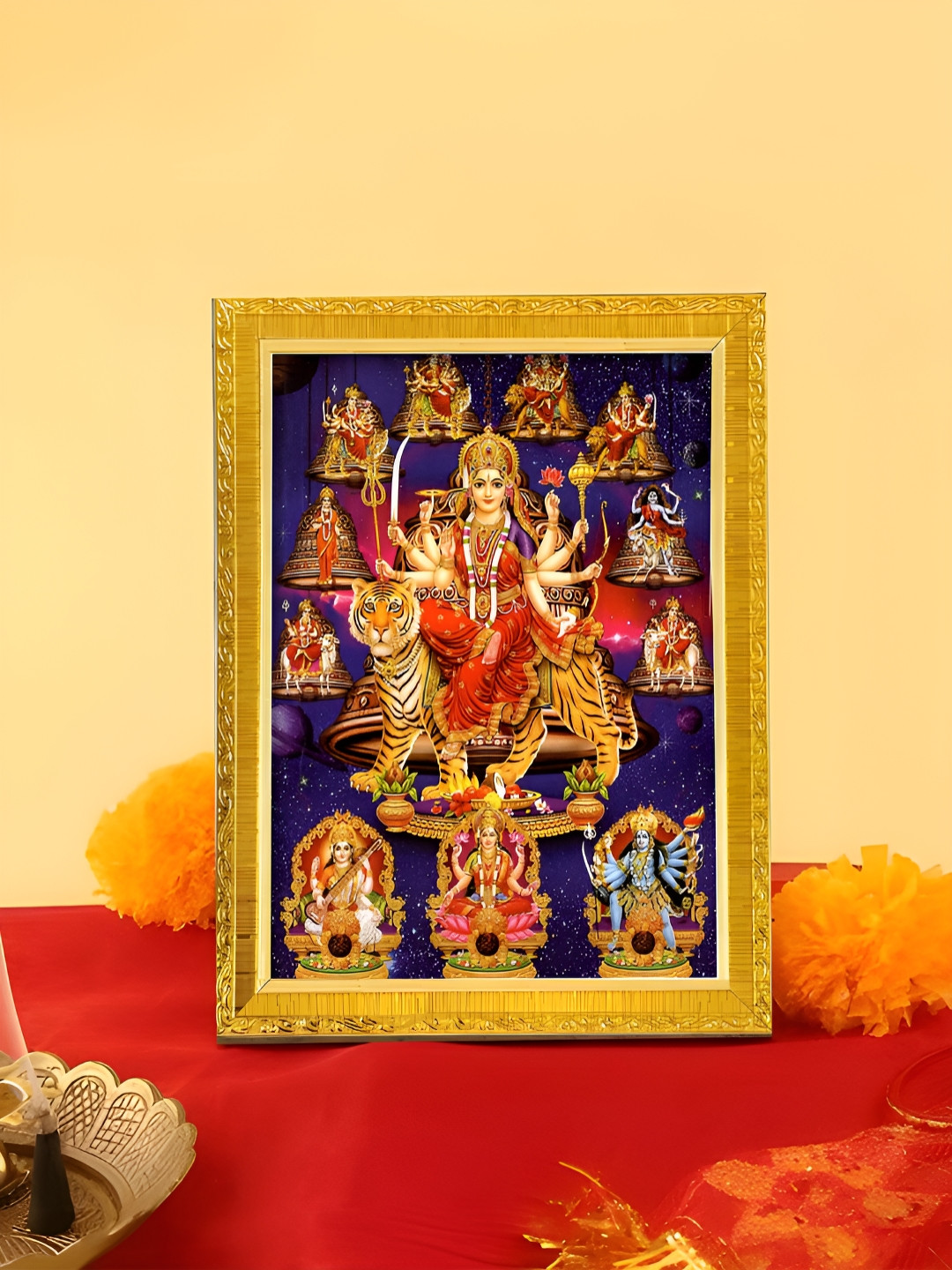 Art Street Gold Toned & Red Lord Devi Navadurga Printed Religious Photo Frame