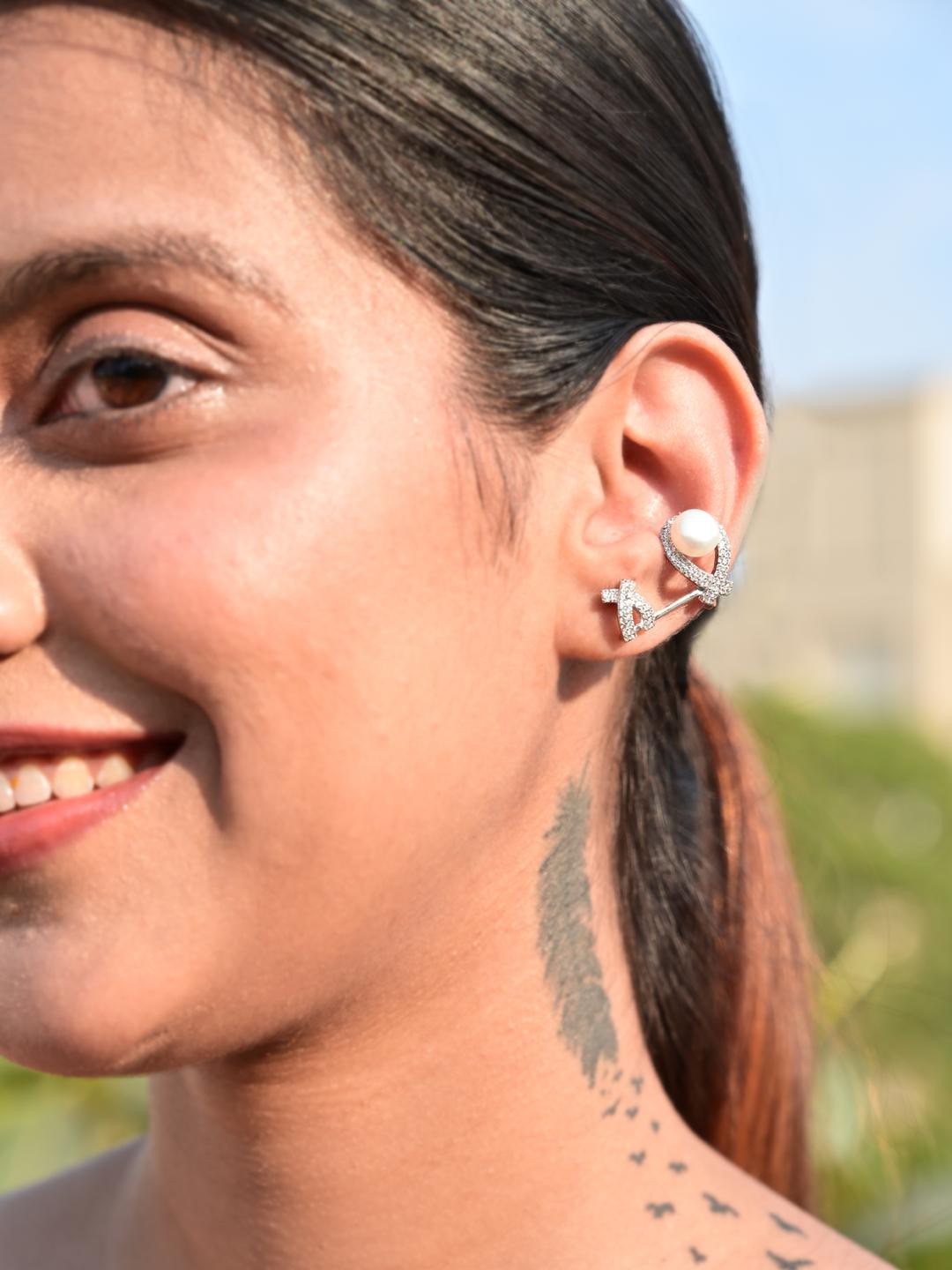 Chunky Pearl and American Diamond Ear Cuffs on Pure 925 Silver