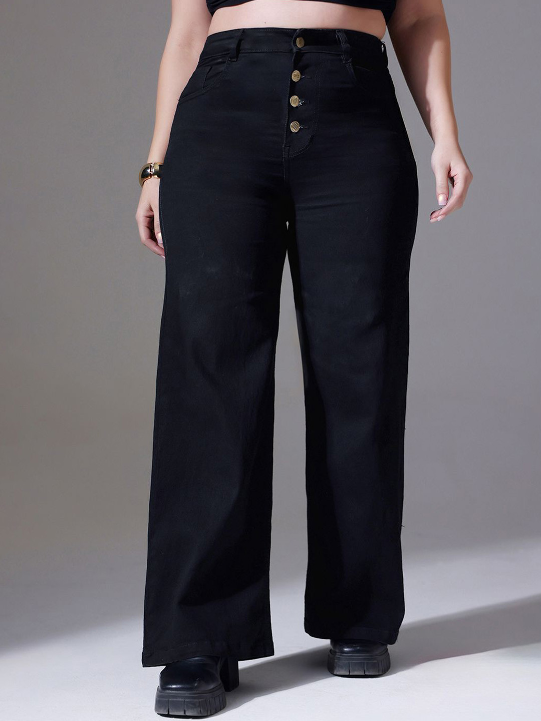 Miss Chase Women Plus Size Black Wide Leg High Rise Clean Look Regular Stretchable Denim Jeans