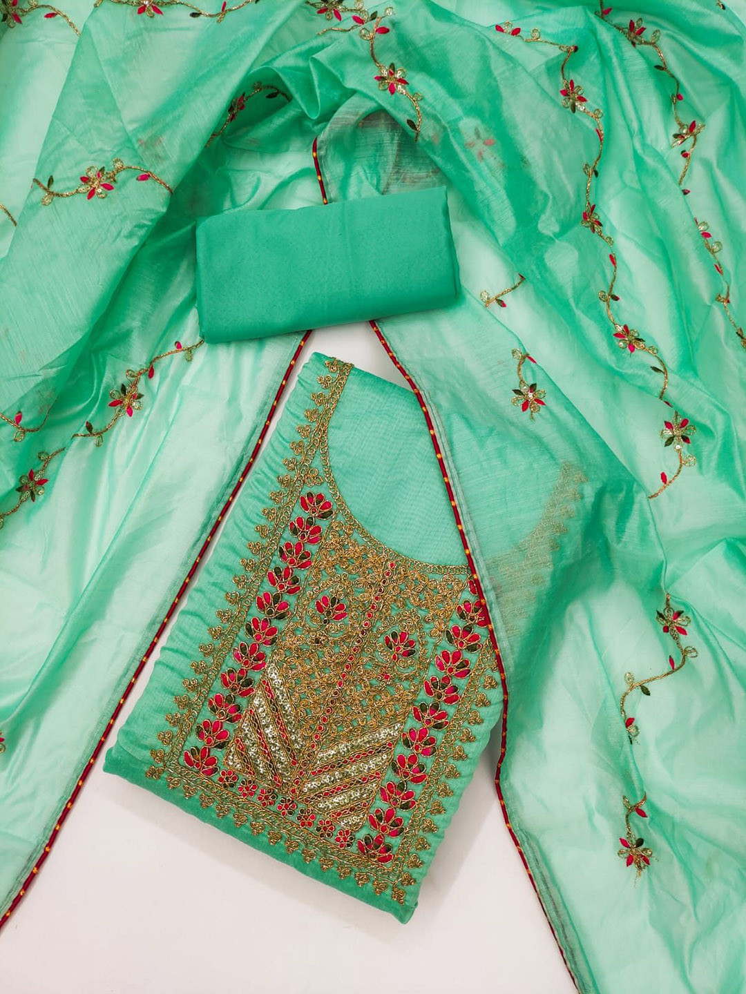 HE VAHLA Flora Embroidered Sequinned Chanderi Silk Unstitched Dress Material