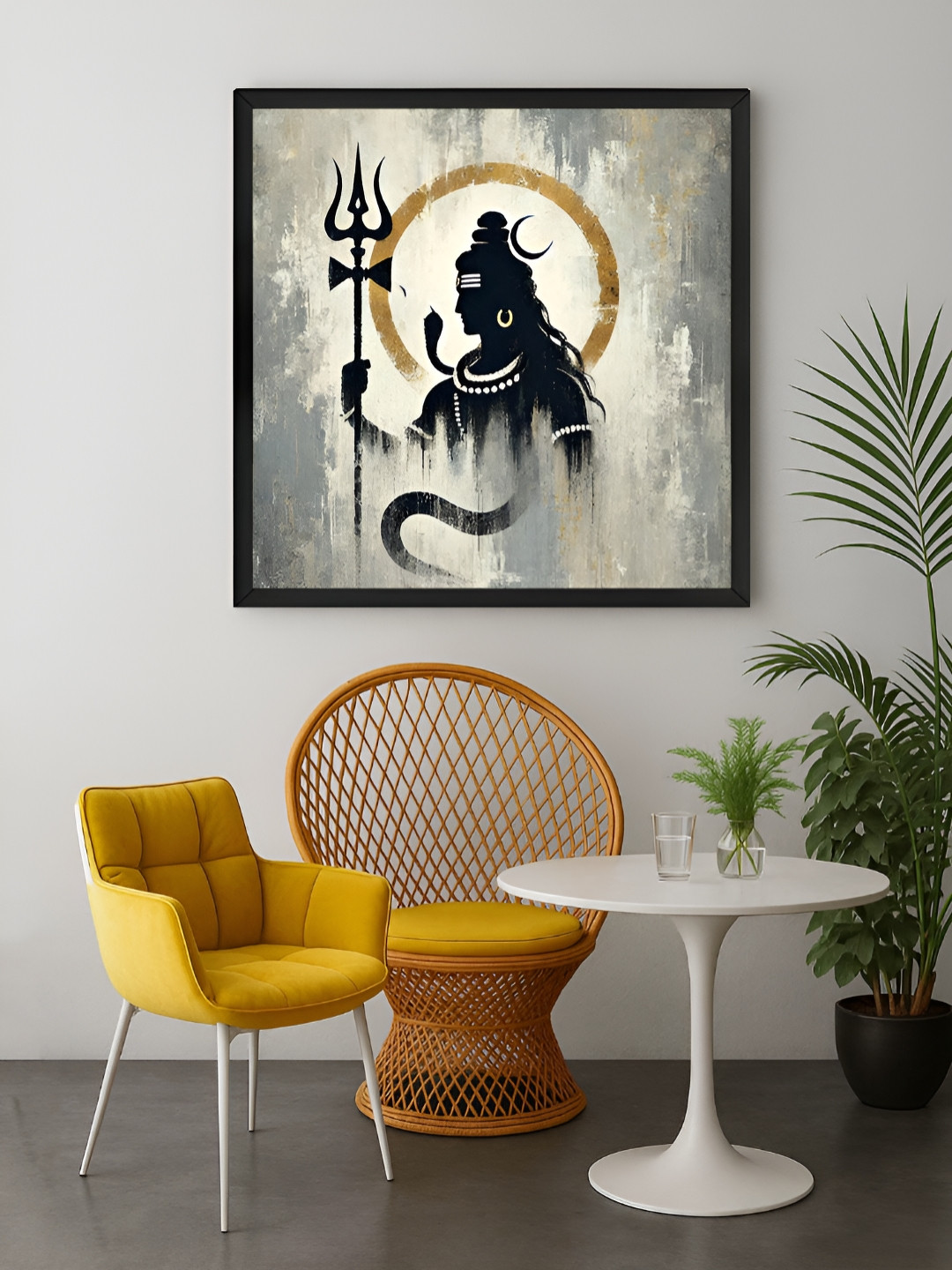 999Store Grey & Off White Lord Shiva With Trishul Printed Canvas Wall Art
