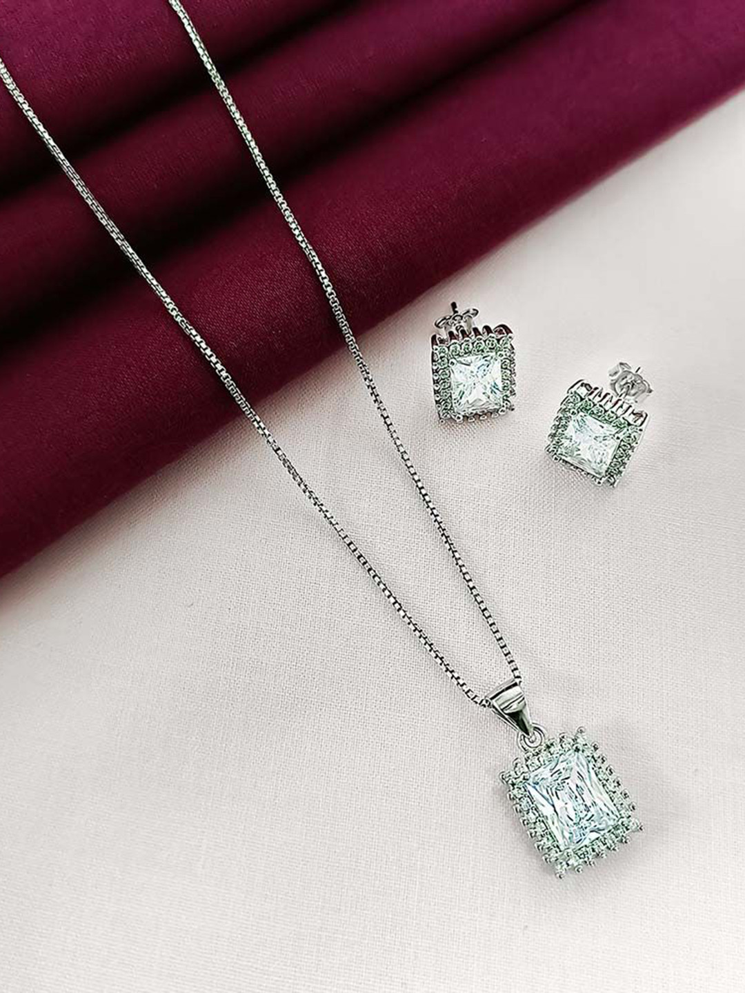 INARI SHINES 925 Silver Rhodium-Plated Zircon Studded Classic Rectangular Jewellery Set