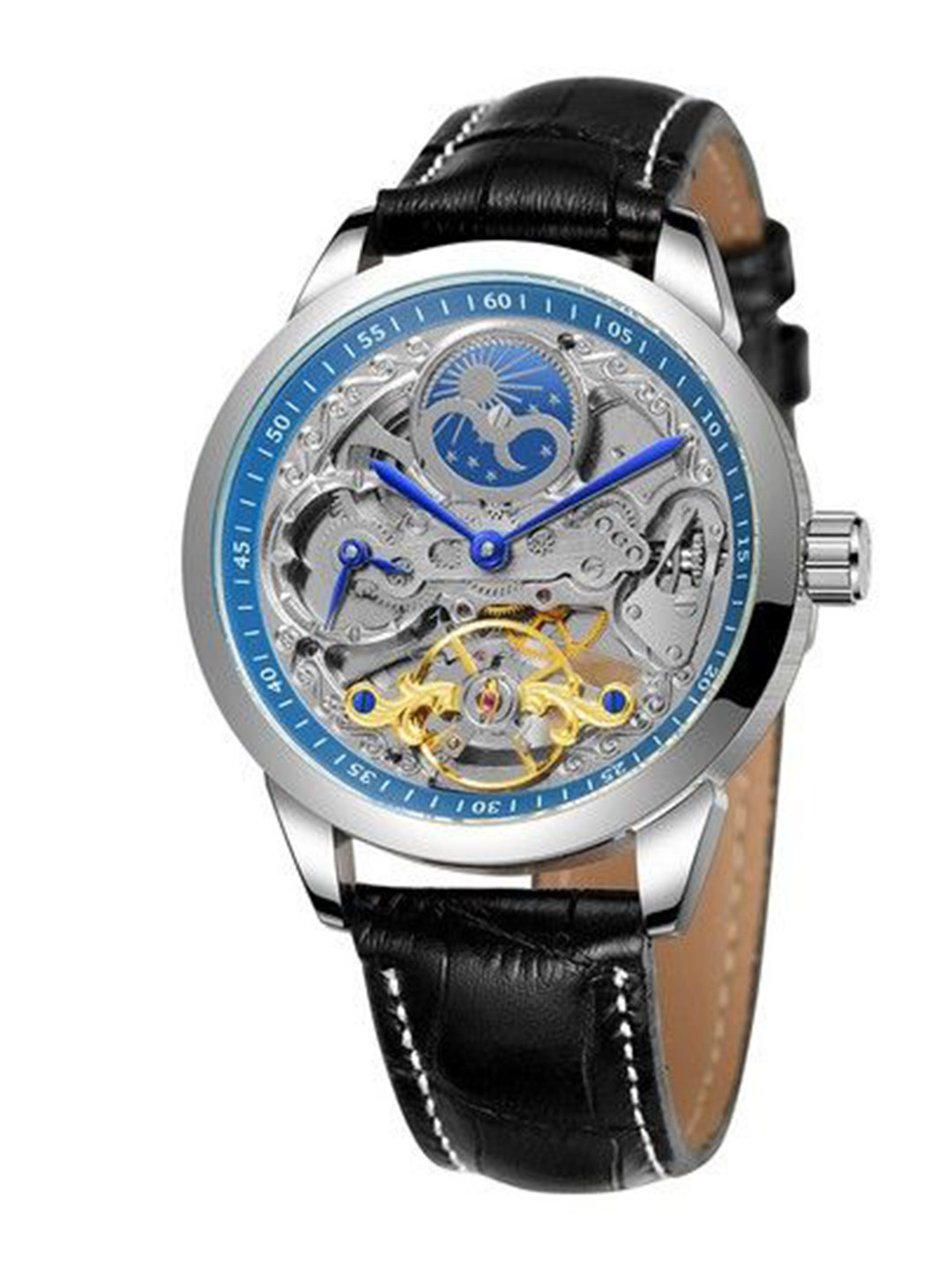 FORSINING Men Automatic Skeleton Watch Moon Phase Dual Time Leather Strap