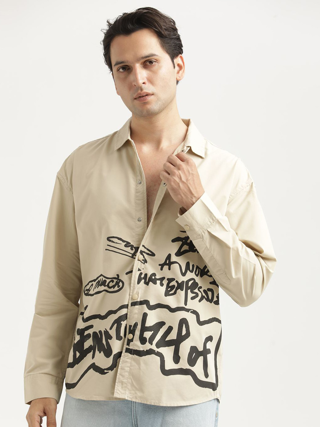 Blu MNKY Smart Typography Printed Cutaway Collar Cotton Oversized Shirt