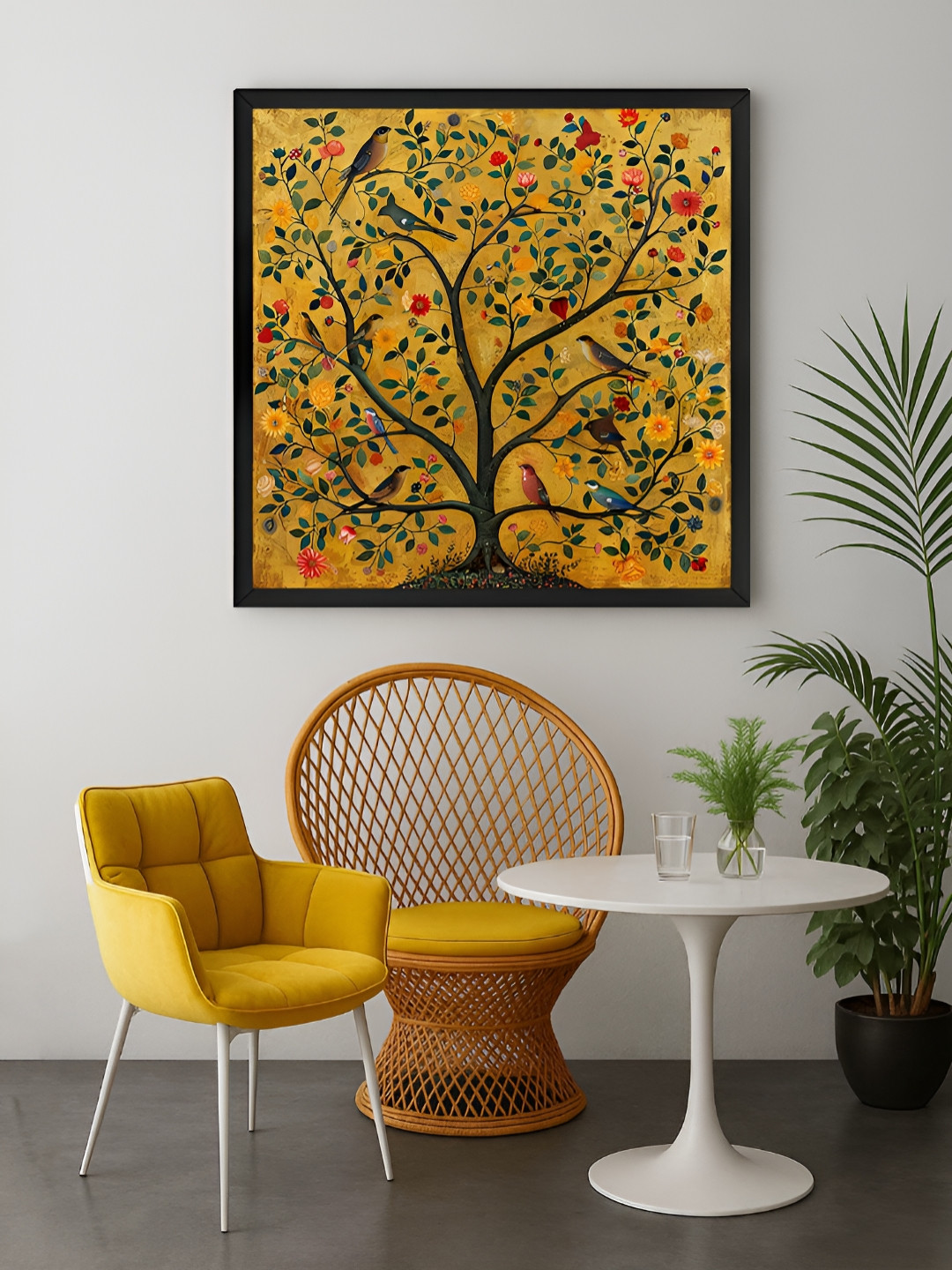999Store Yellow & Black Tree Adorned With Various Birds Canvas Wall Art