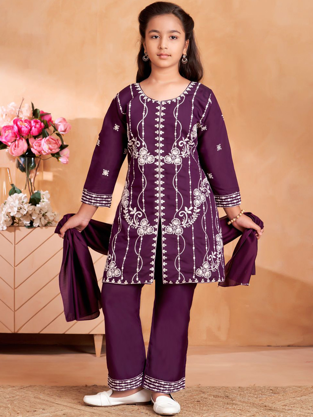 BAESD Girls Ethnic Motifs Embroidered A-Line Knee Length Kurti Trousers With Dupatta