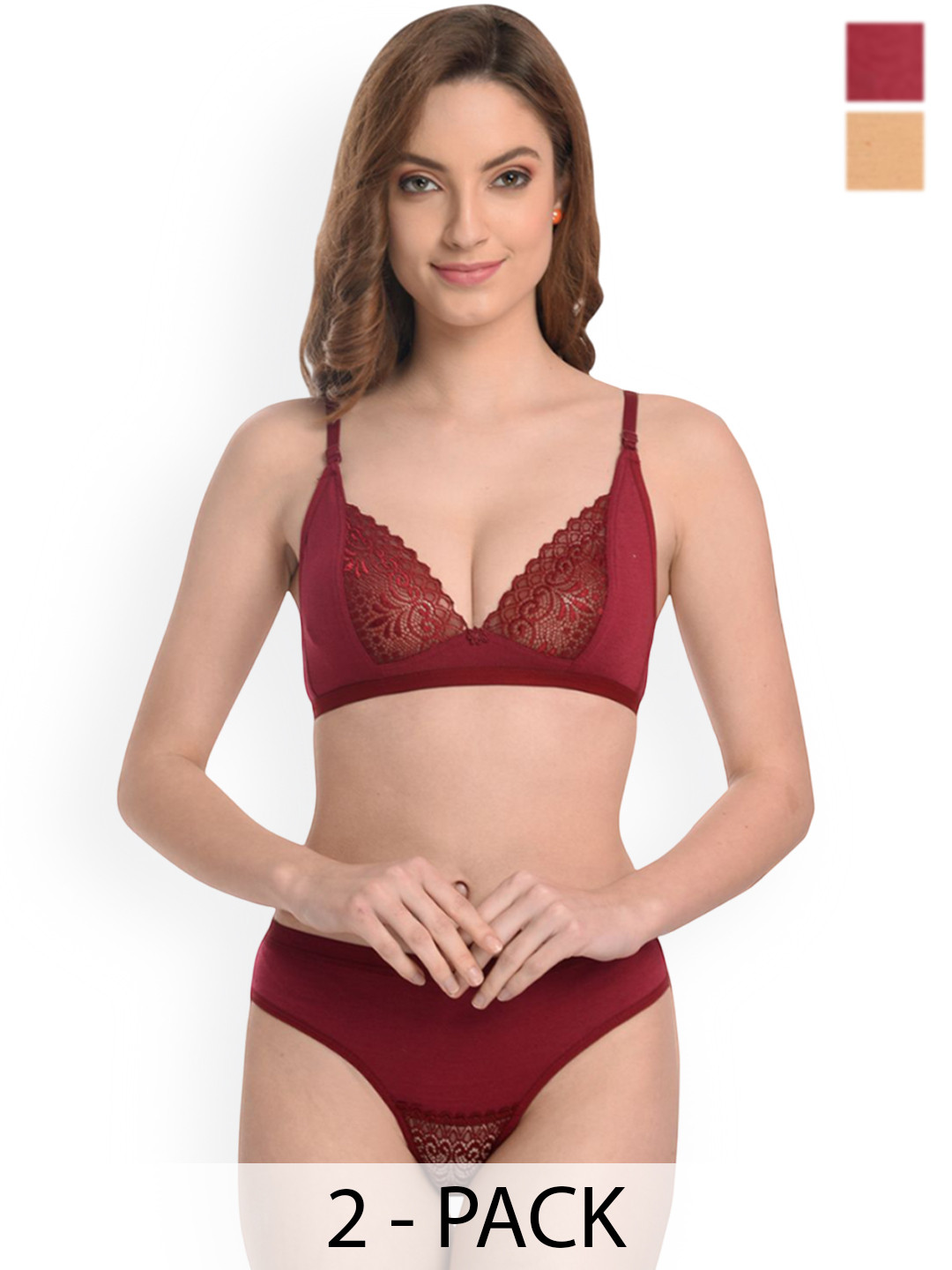 Samvar Pack Of 2 Non-Wired Non Padded Lingerie Set B-Yani Set_M,Br