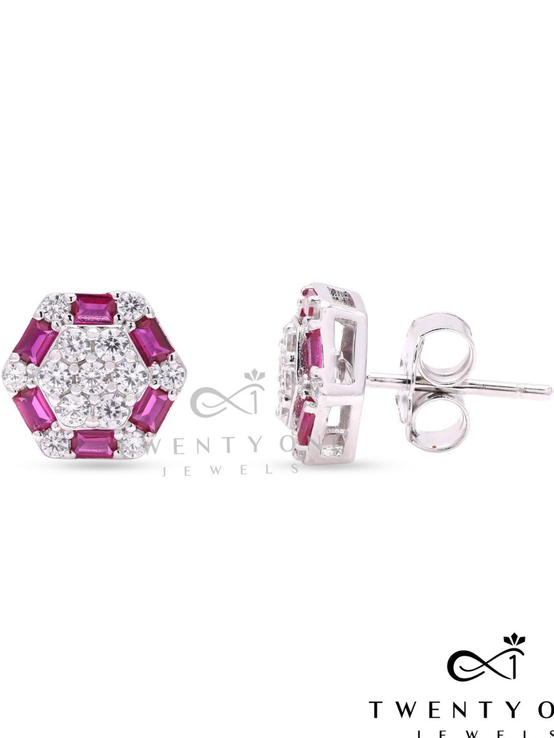 American Diamond Studded with Ruby Baguette Alanna Stud on Pure 925 Silver.