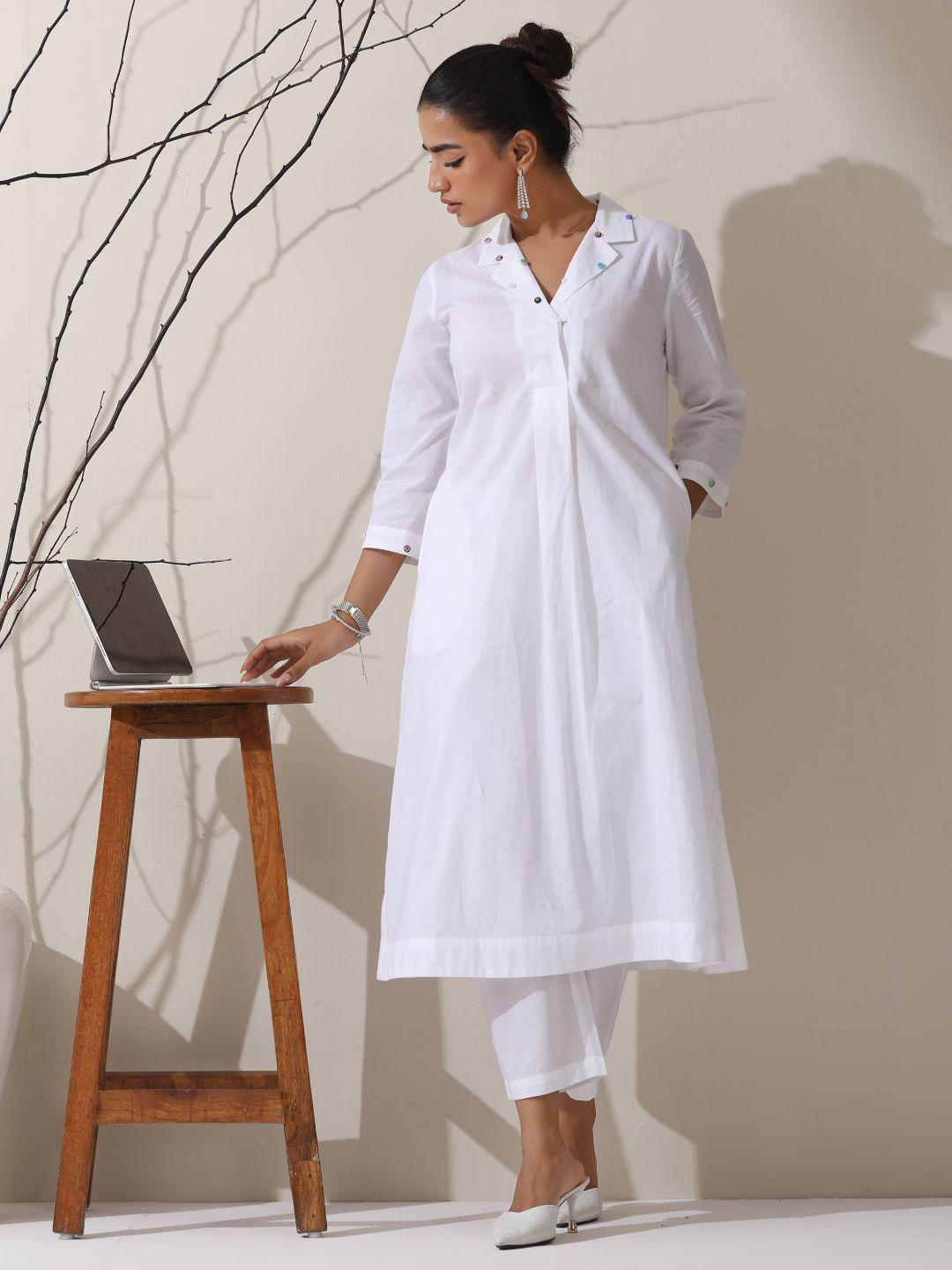 Swtantra Lapel Collar Beads And Stones Pure Cotton Kurta With Palazzos