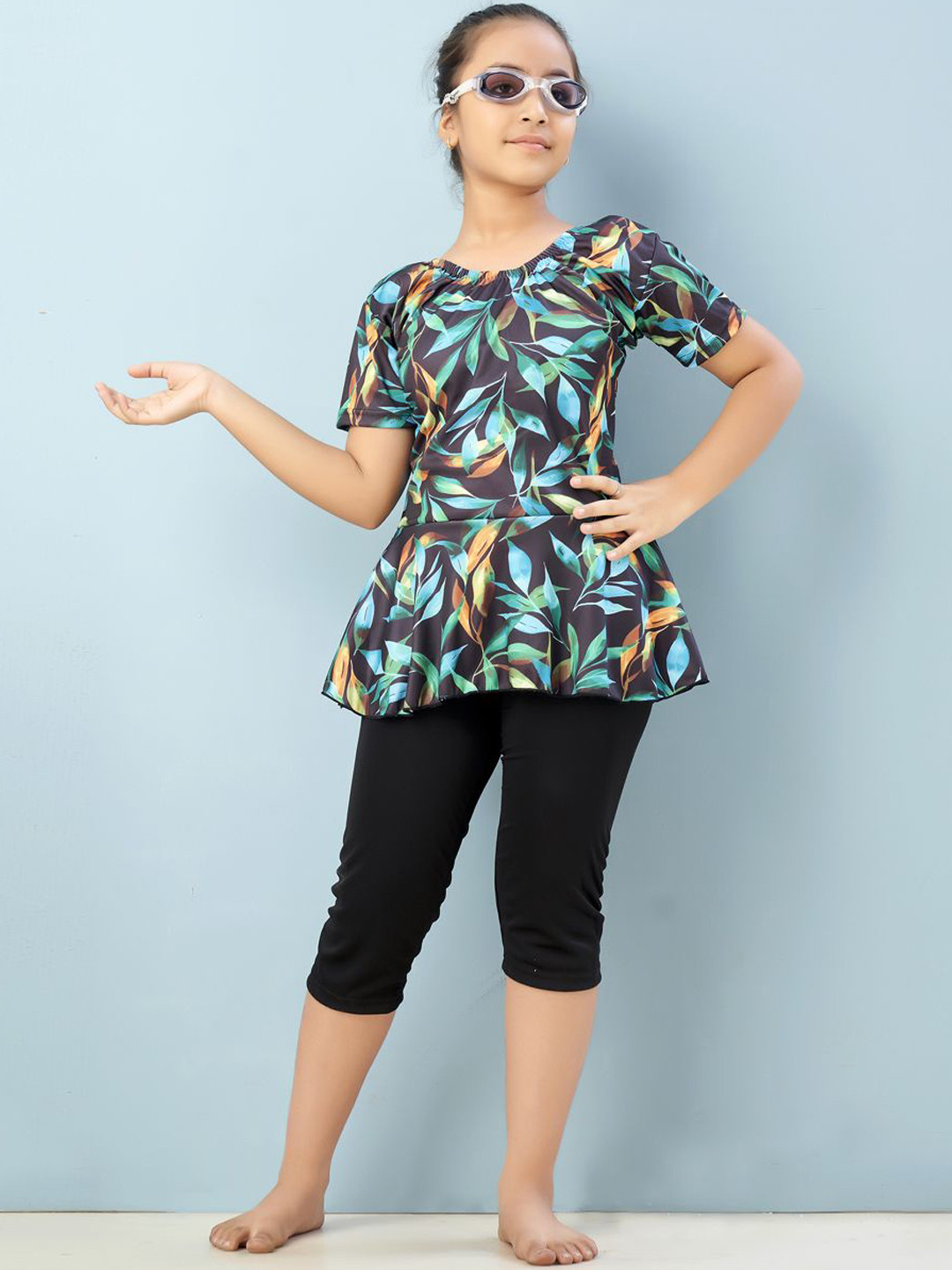 BAESD Girls Printed Swimwear & Attached Shorts With Goggle