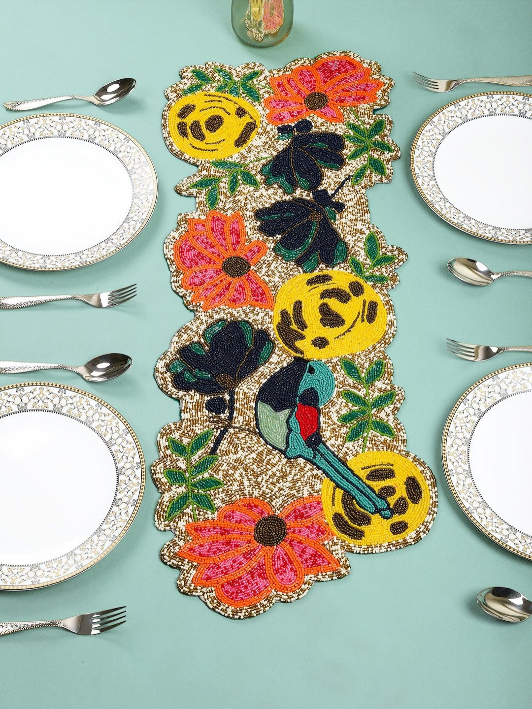YWULY Yellow & Green Beaded Embroidered Table Runner