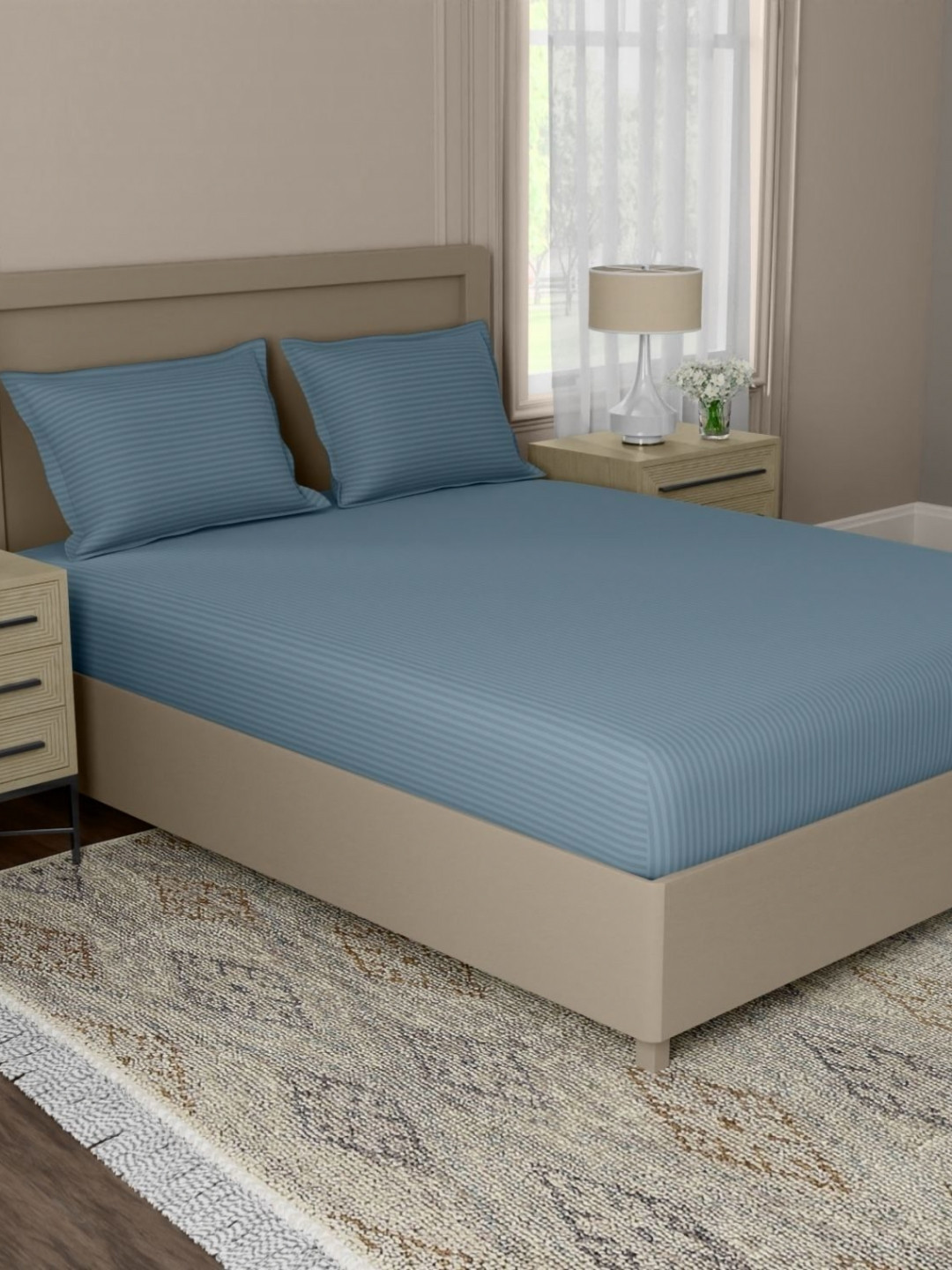 home expressions Blue Striped 500 TC Cotton Super King Bedsheet Set 2.74 x 2.74 m