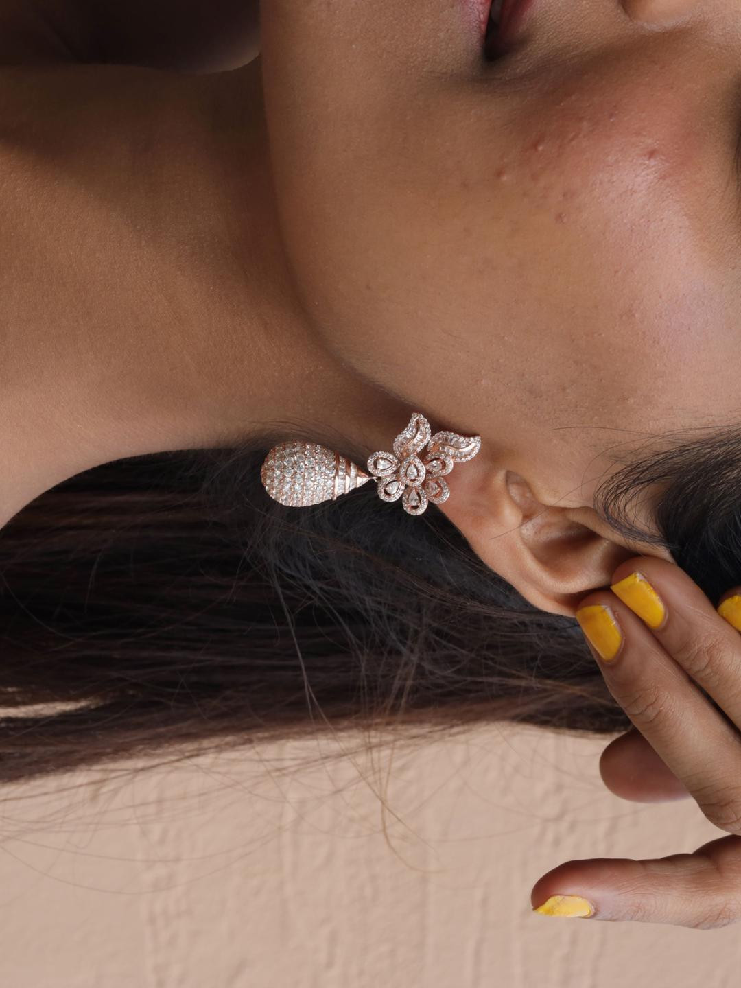 Rose Gold finish Diamond Studded Emory Long Earring Pure 925 Silver.