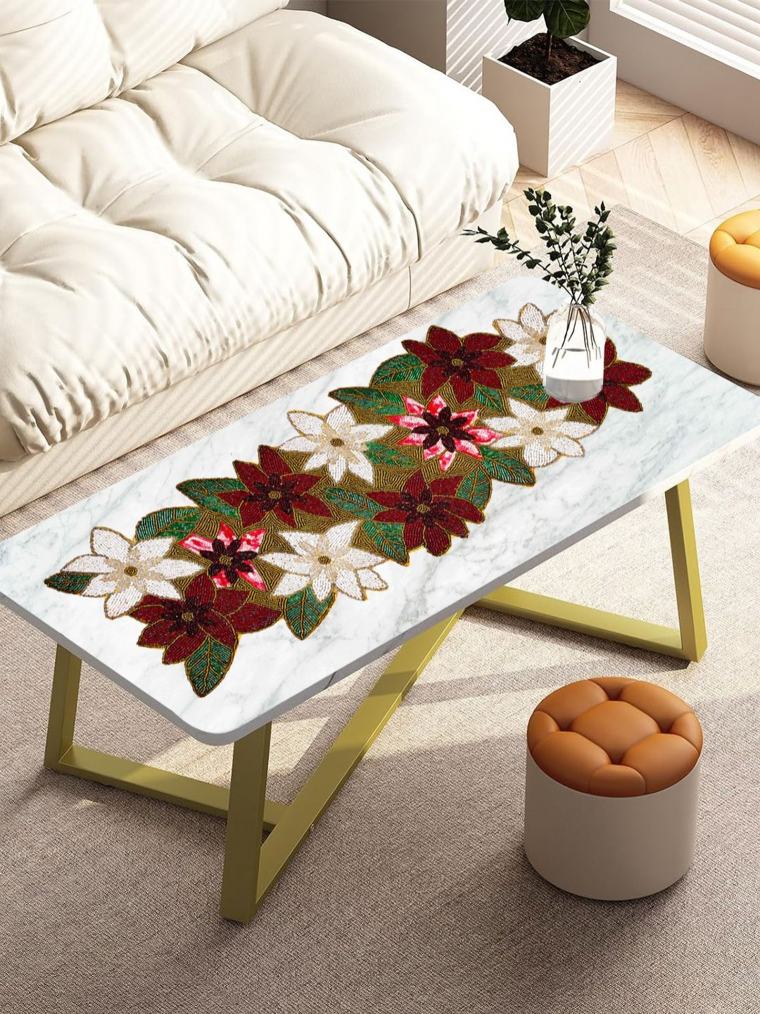 YWULY Maroon & Brown Floral Glass Beaded Table Runner