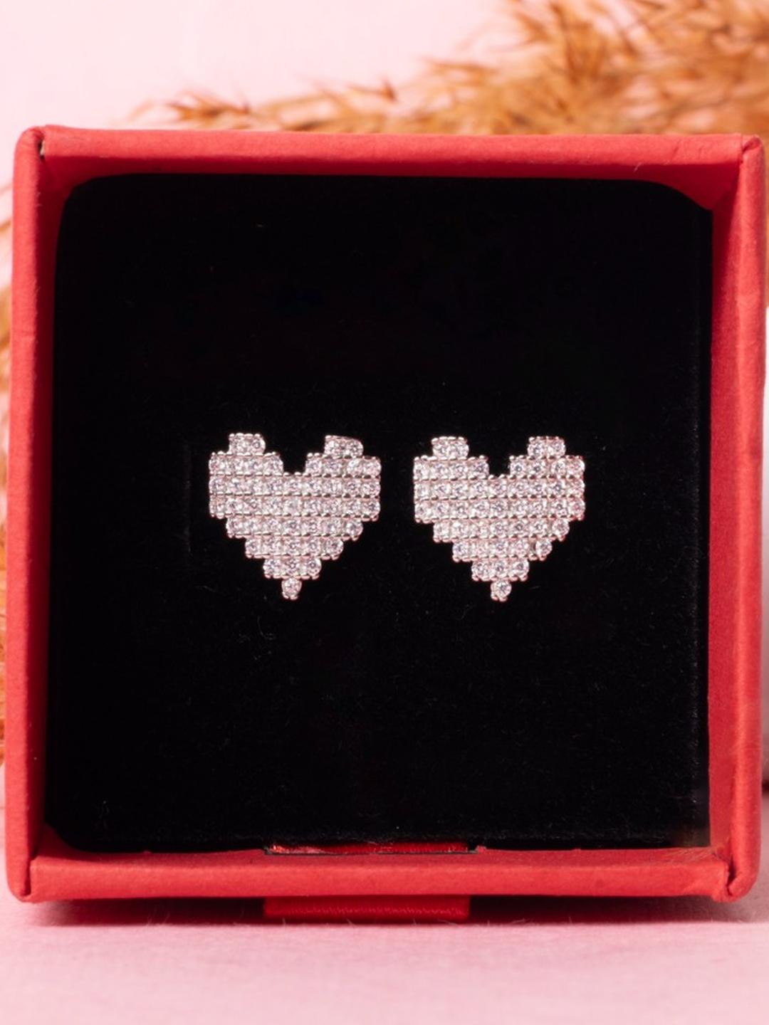 Exclusive 3D Diamond Studded Samia Heart Studs on Pure 925 Silver