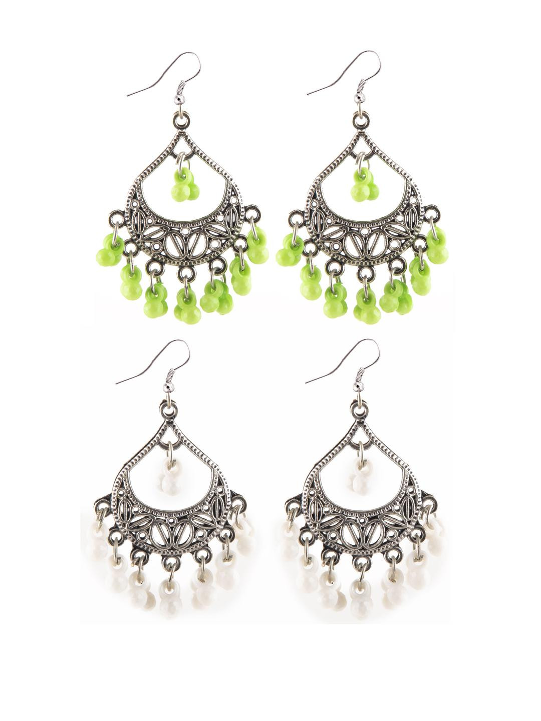 Creative Frogs Silver Oxidize White & Green Drop Earrings - Set Of 2
