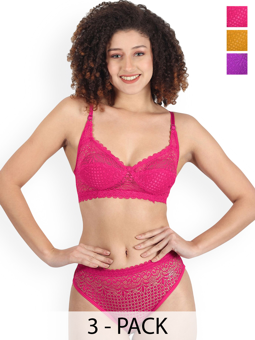 Samvar Pack Of 3 Self-Designed Non-Wired Non Padded Lingerie Set A-Rain-Set_Pu,P,Y