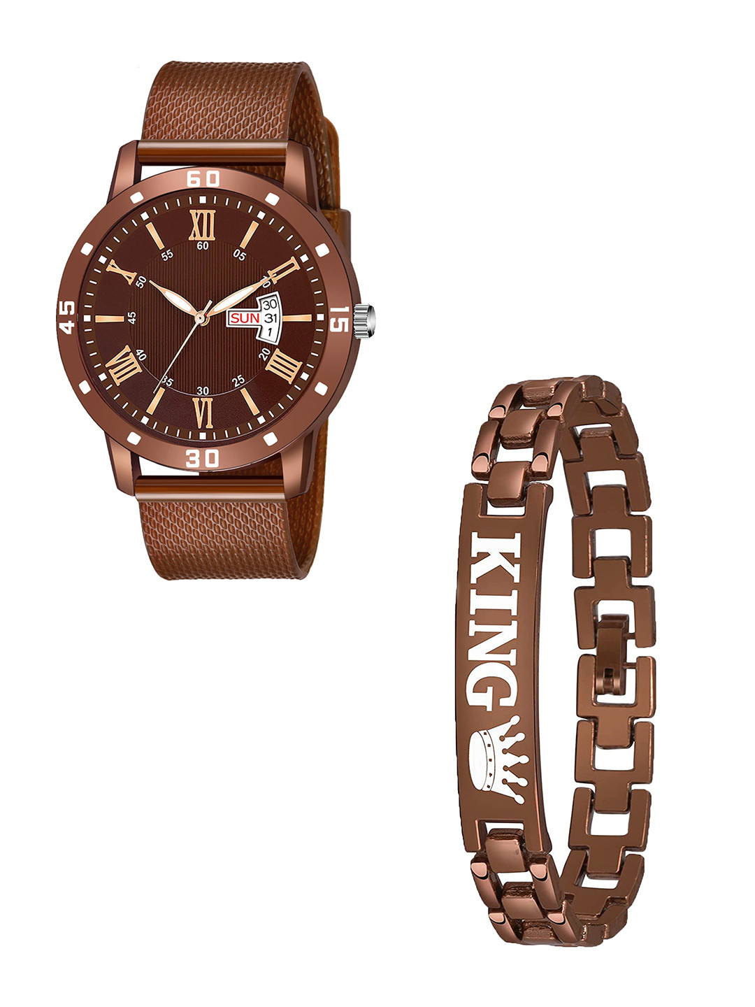 CSAMON Men Brown Analogue Watch & Bracelet Set Brown Safar DayDate King bracelet