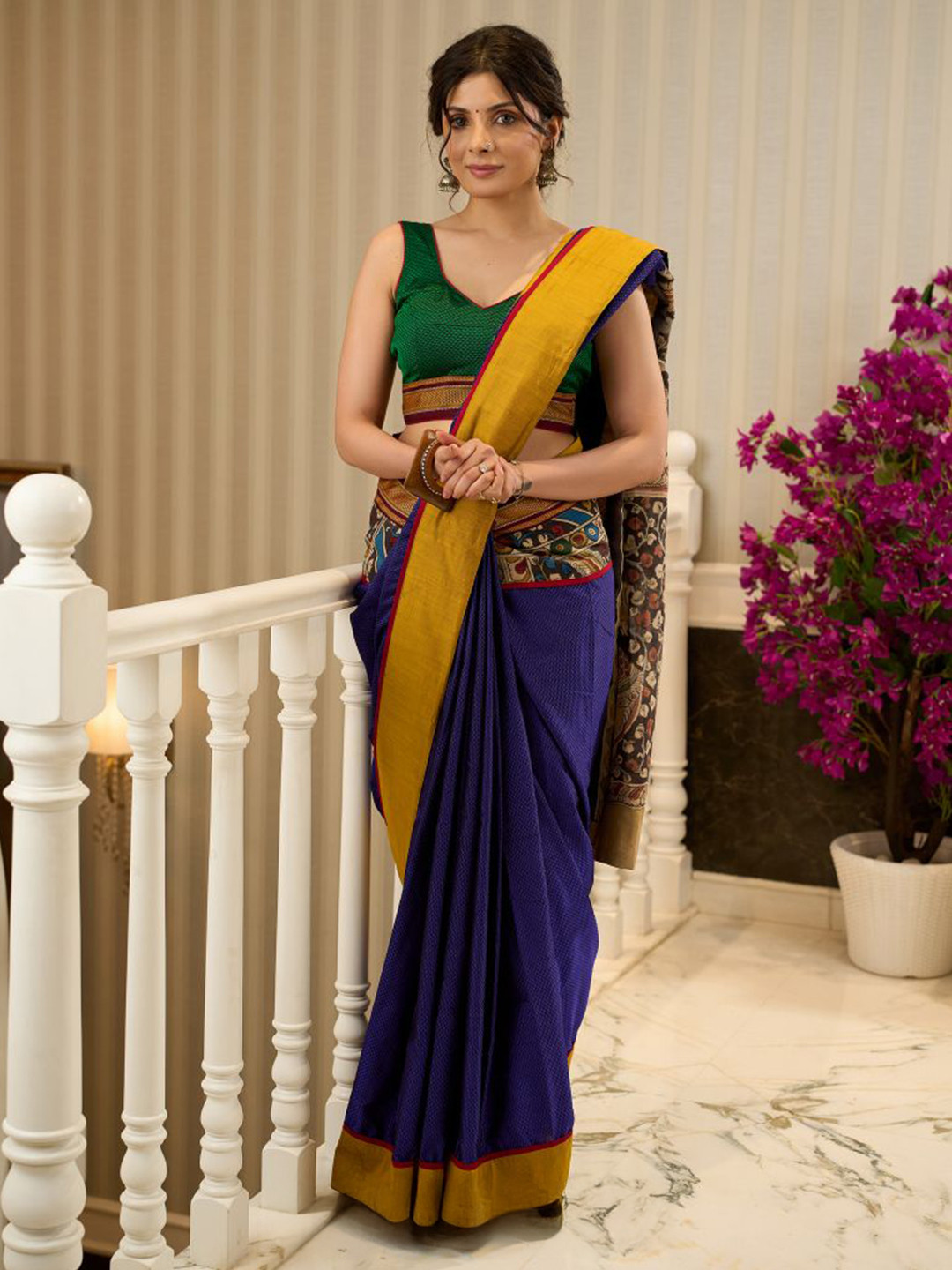 SUJATRA Exquisite Khun Floral Kalamkari Printed Pallu Zari Silk Cotton Saree