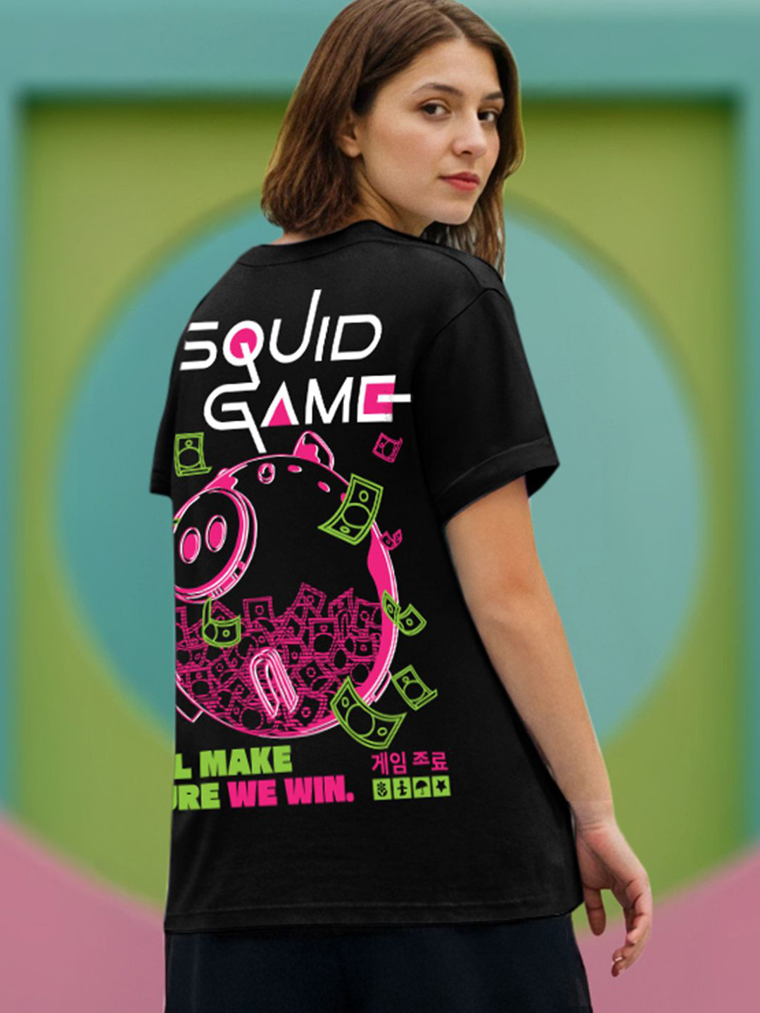 Bewakoof Official Squid Game Merchandise Women Black Win Graphic Printed Boyfriend T-shirt