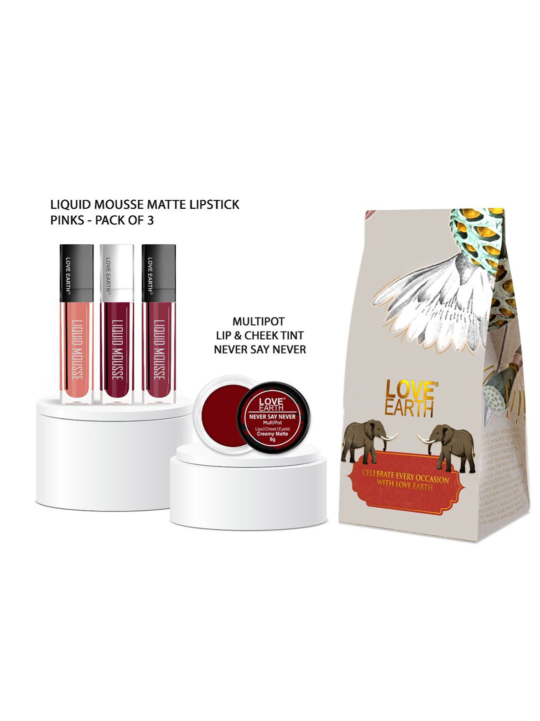 LOVE EARTH Set of 3 Liquid Mousse Matte Lipstick - Pinks & 1 Lip&Cheek Tint