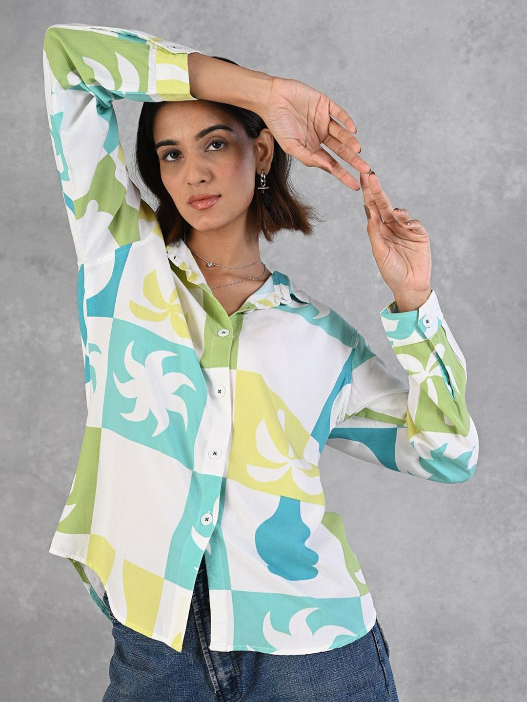 AC&F Classic Abstract Printed Spread Collar Relaxed Fit Casual Shirt