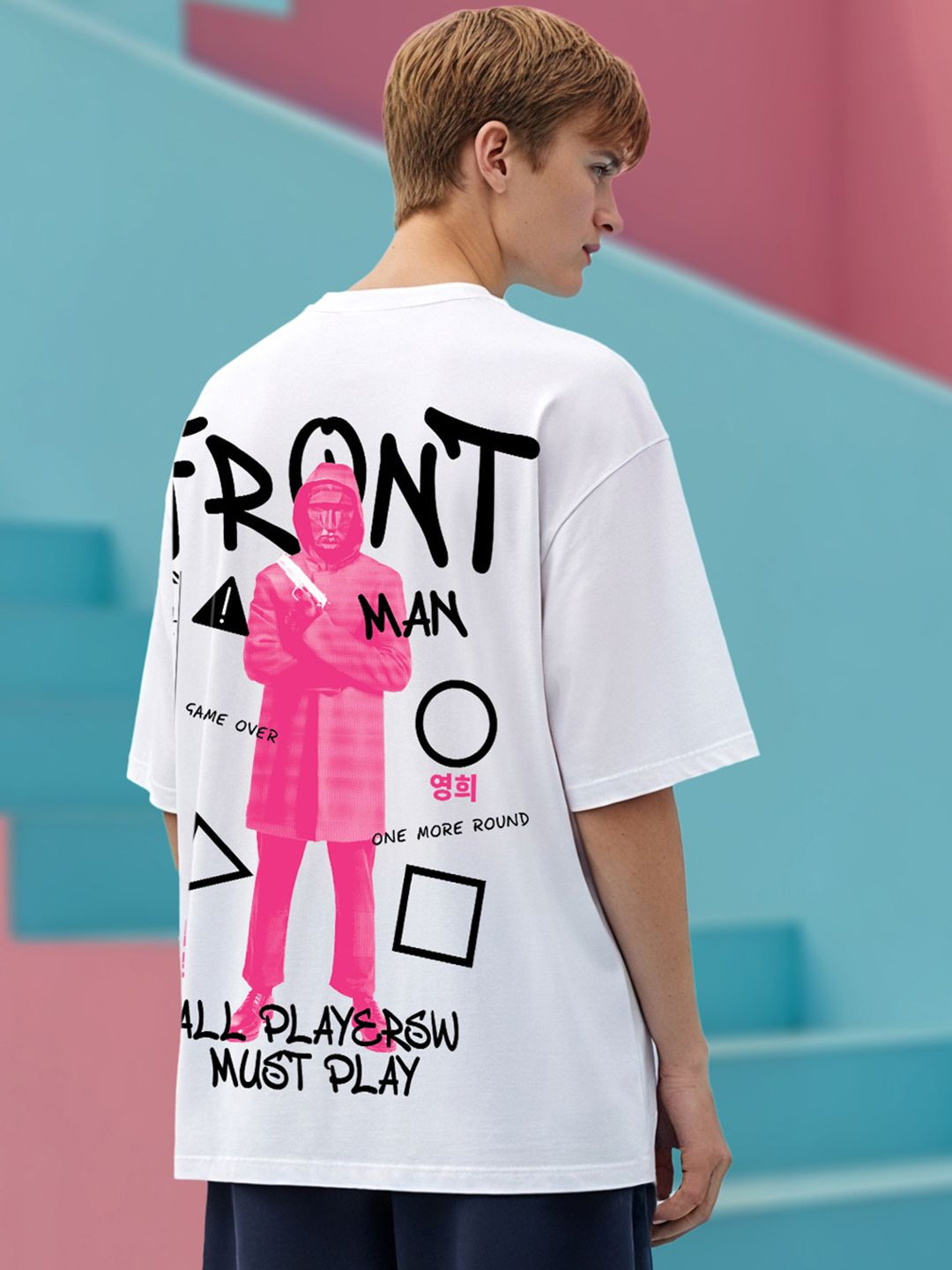 Bewakoof Official Squid Game Merchandise Men's White Front Man Graphic Printed Oversized T-shirt