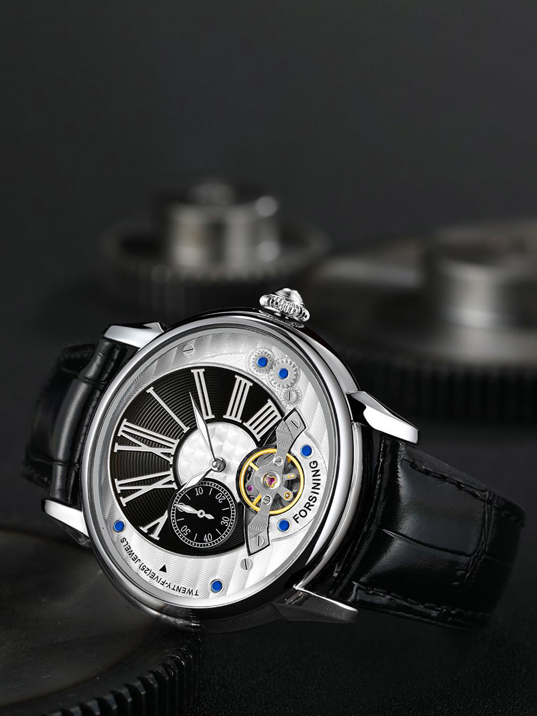 FORSINING Men Skeleton Analog Watch with Round Dial & Stainless Steel Strap