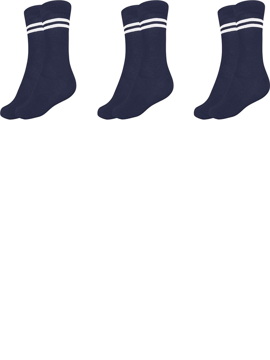 MUKHAKSH Boys 3 Pairs Navy Blue Color White Strips Calf Length Cotton Socks