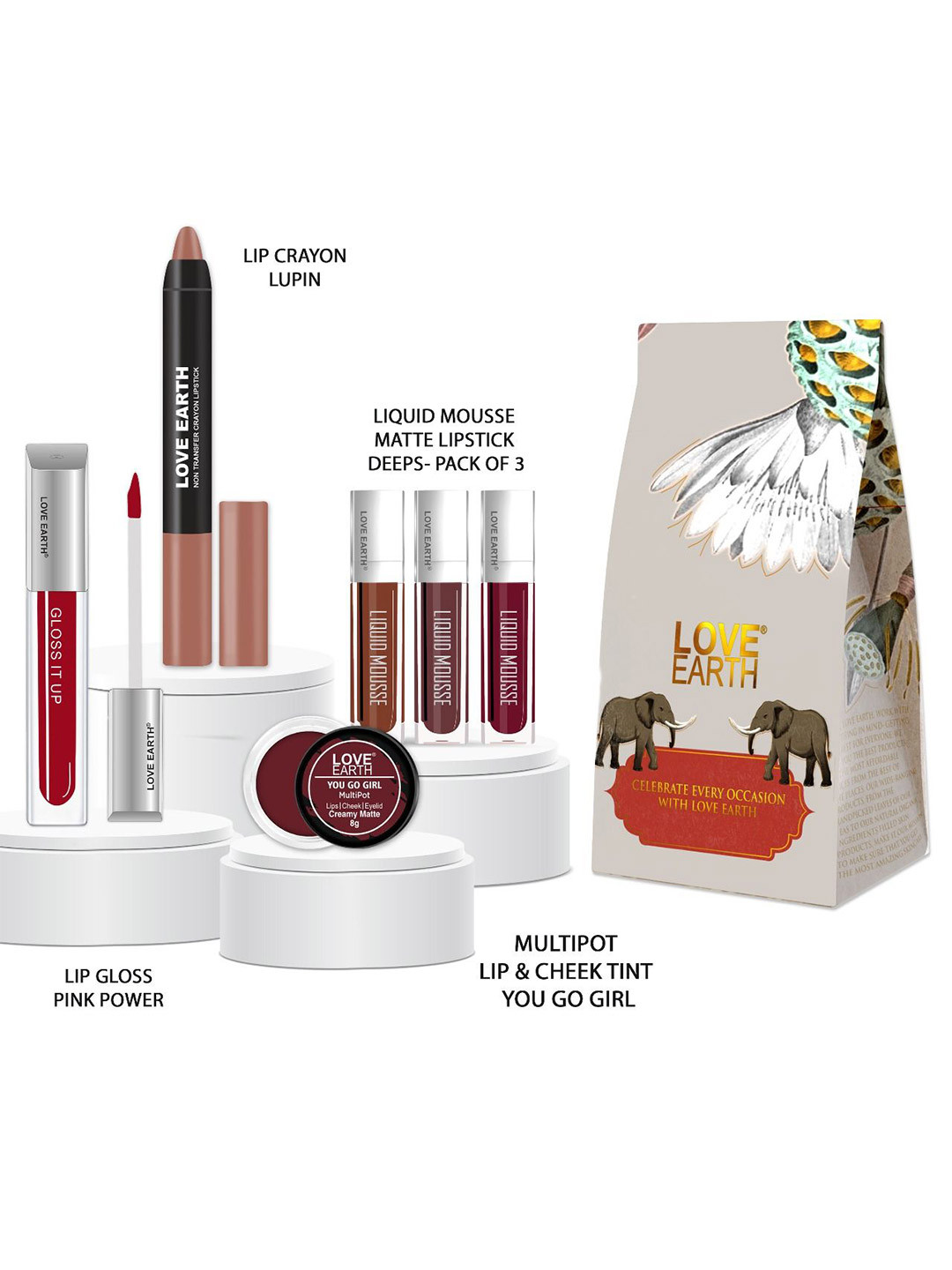 LOVE EARTH Set of Liquid Matte Lipstick + Lip Crayon + Lip Gloss + Lip & Cheek Tint