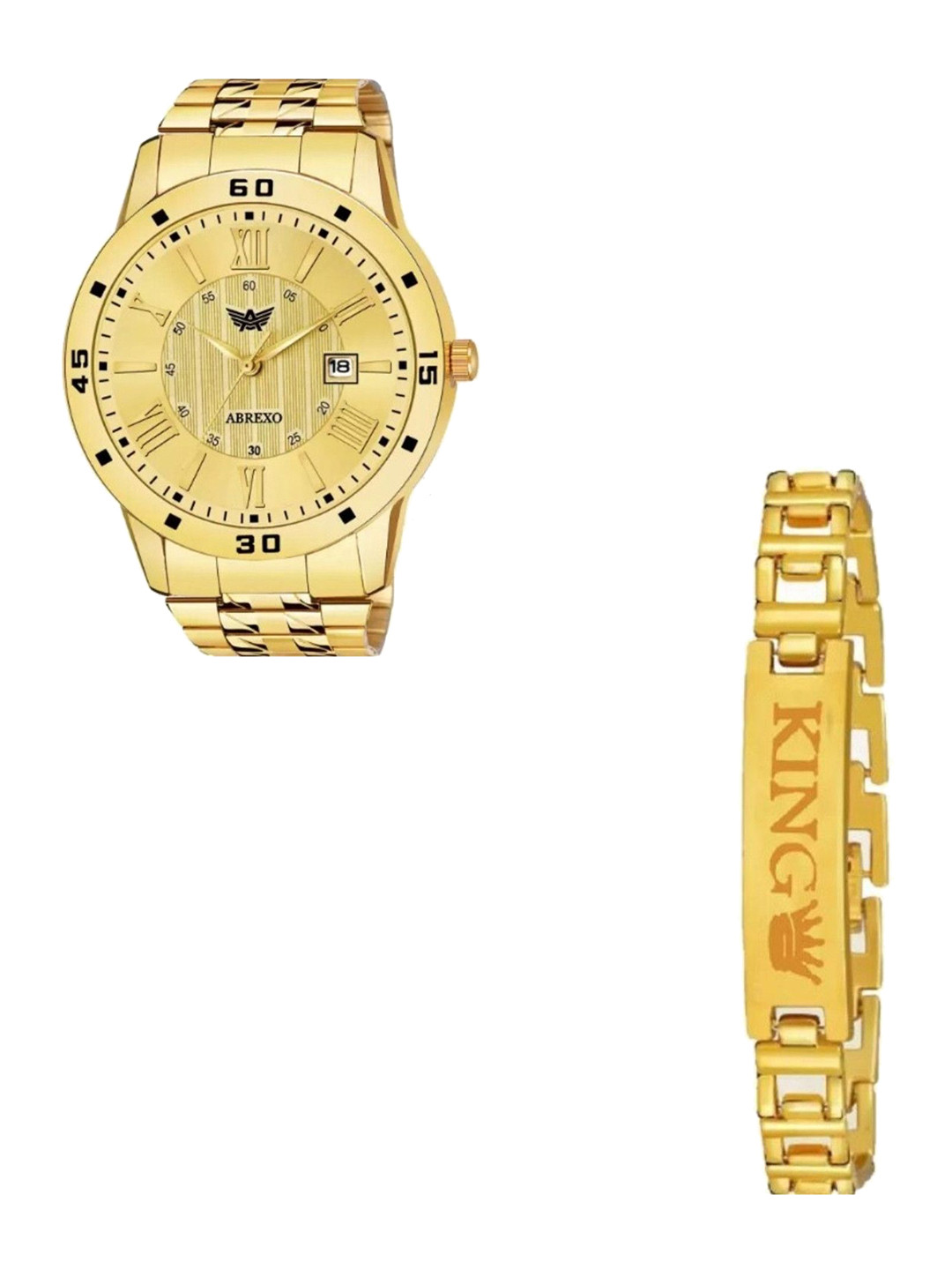 Abrexo Men Bracelet Style Straps Analogue Watch Gift Set Abx8406-Gold plus Gold King Band