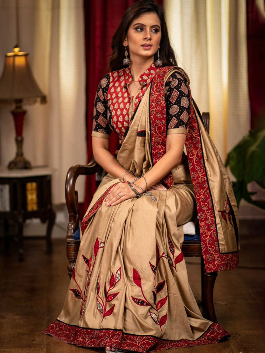 SUJATRA Beige Semi Silk Saree With Exclusive Hand Applique Work