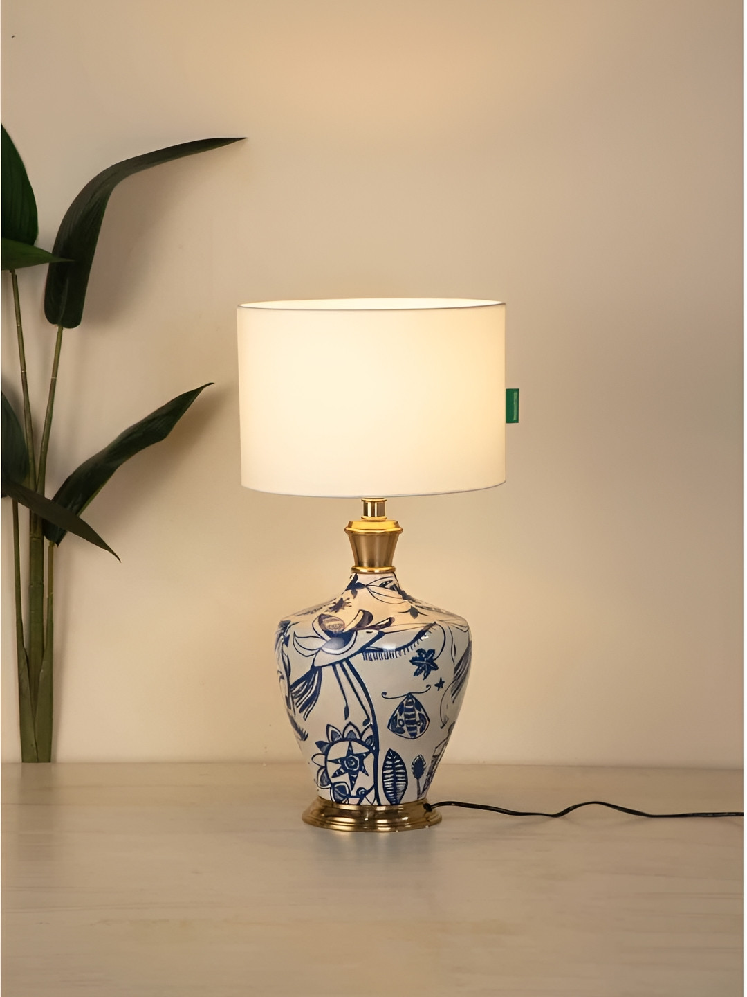 FREEDOM TREE White & Blue Printed Cylindrical Shaped Metal Table Lamp