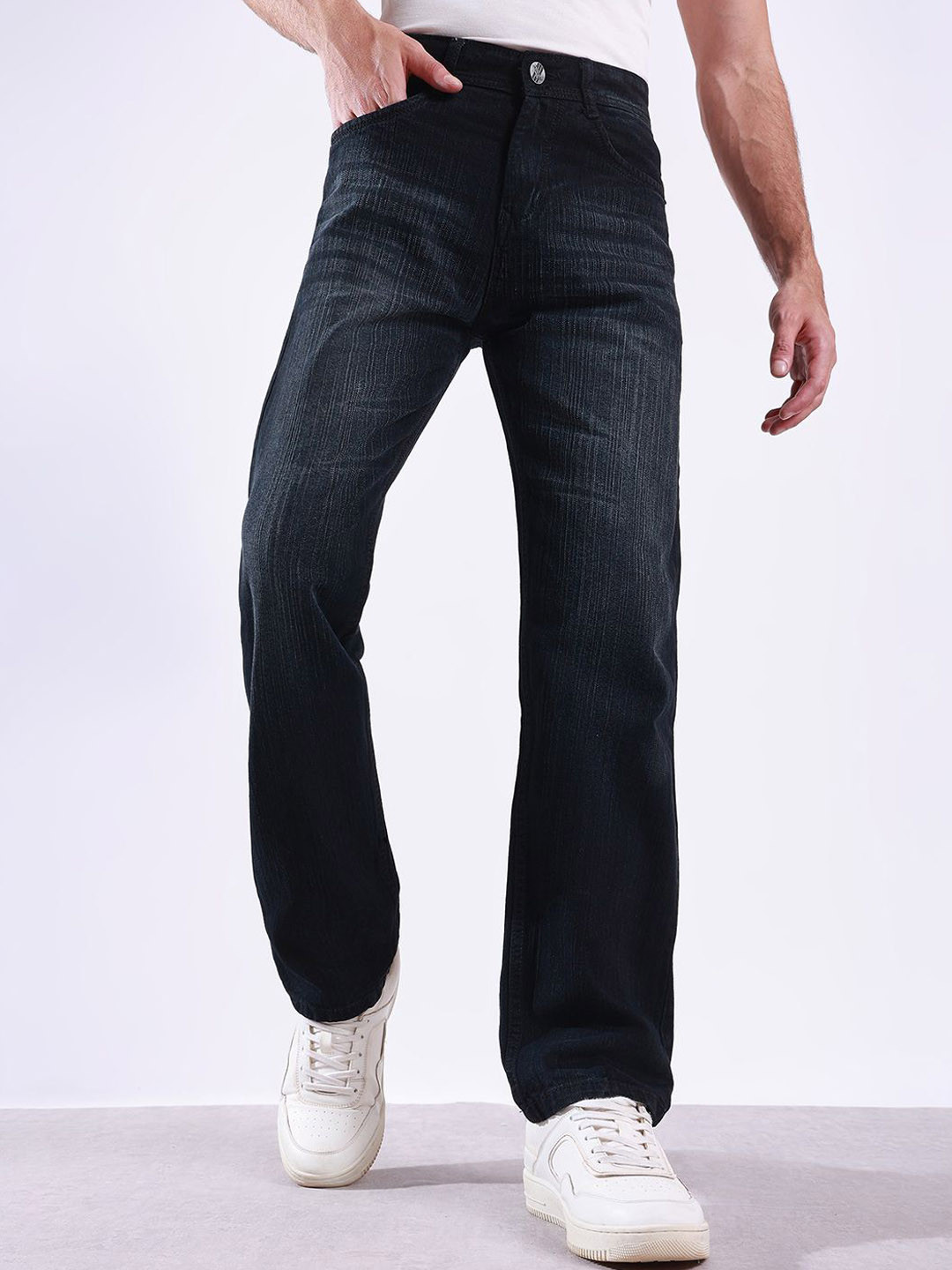 Hence Men Self Design Loose Baggy Fit Mid-Rise Cotton Jeans