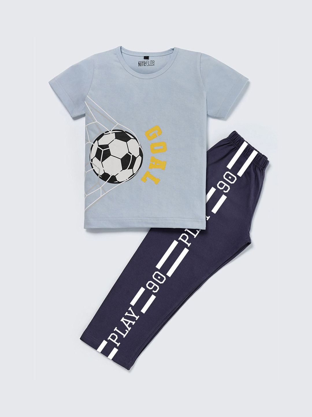 Nite Flite Boys Goal Printed Round Neck Pure Cotton Night Suit