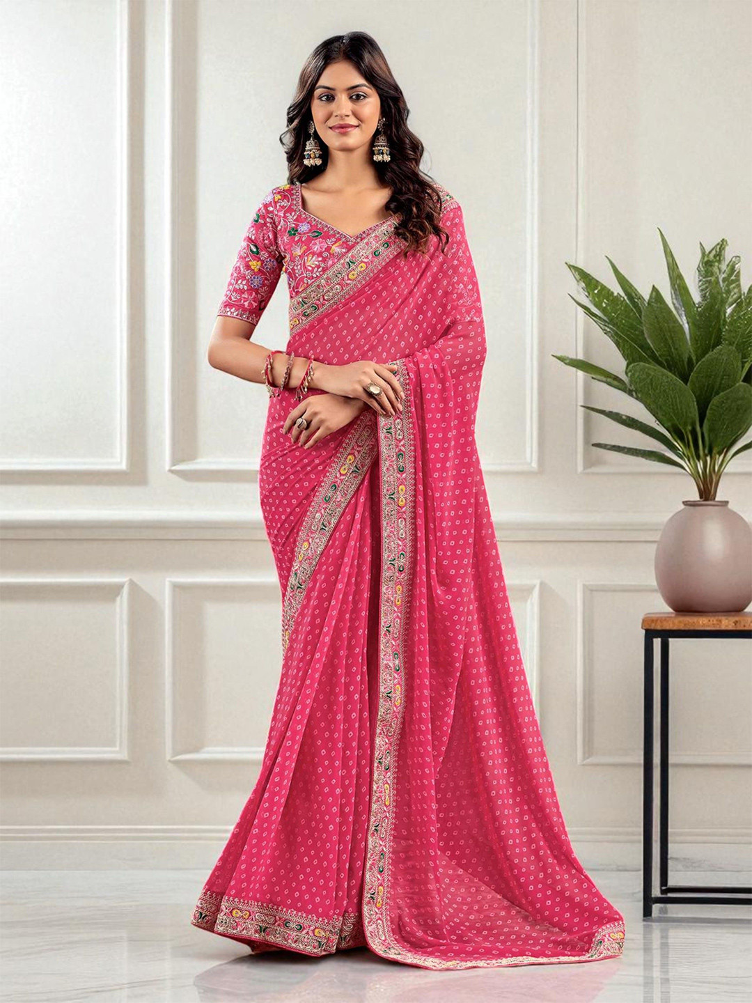 The Textile Hub Bandhani Embroidered Pure Georgette Bandhani Saree