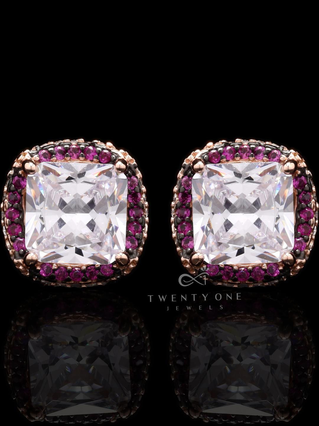 Rose Gold with Ruby Diamond Studded Roza Studs On 925 Silver