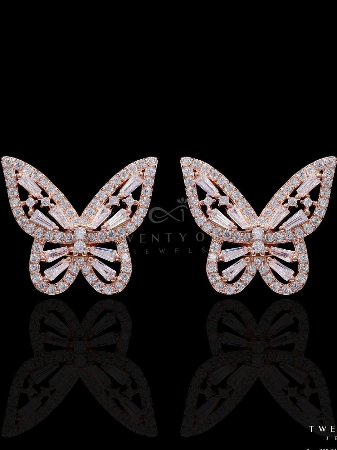 Rose Gold Butter Fly Earrings with American Diamond Tapers on Pure 925 Silver