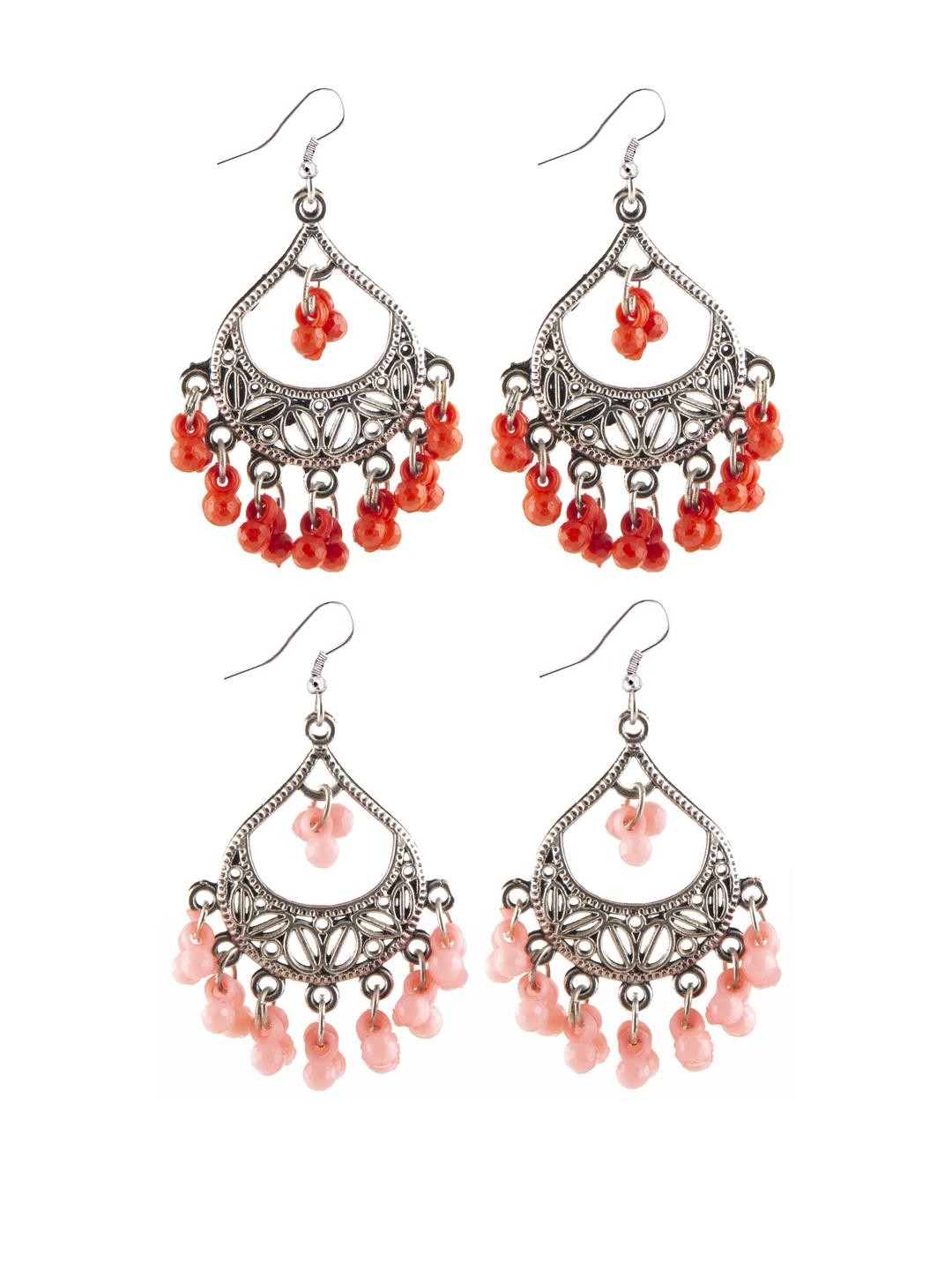 Creative Frogs Set of 2 Silver Plated Orange & Pink Beaded Drop Earrings